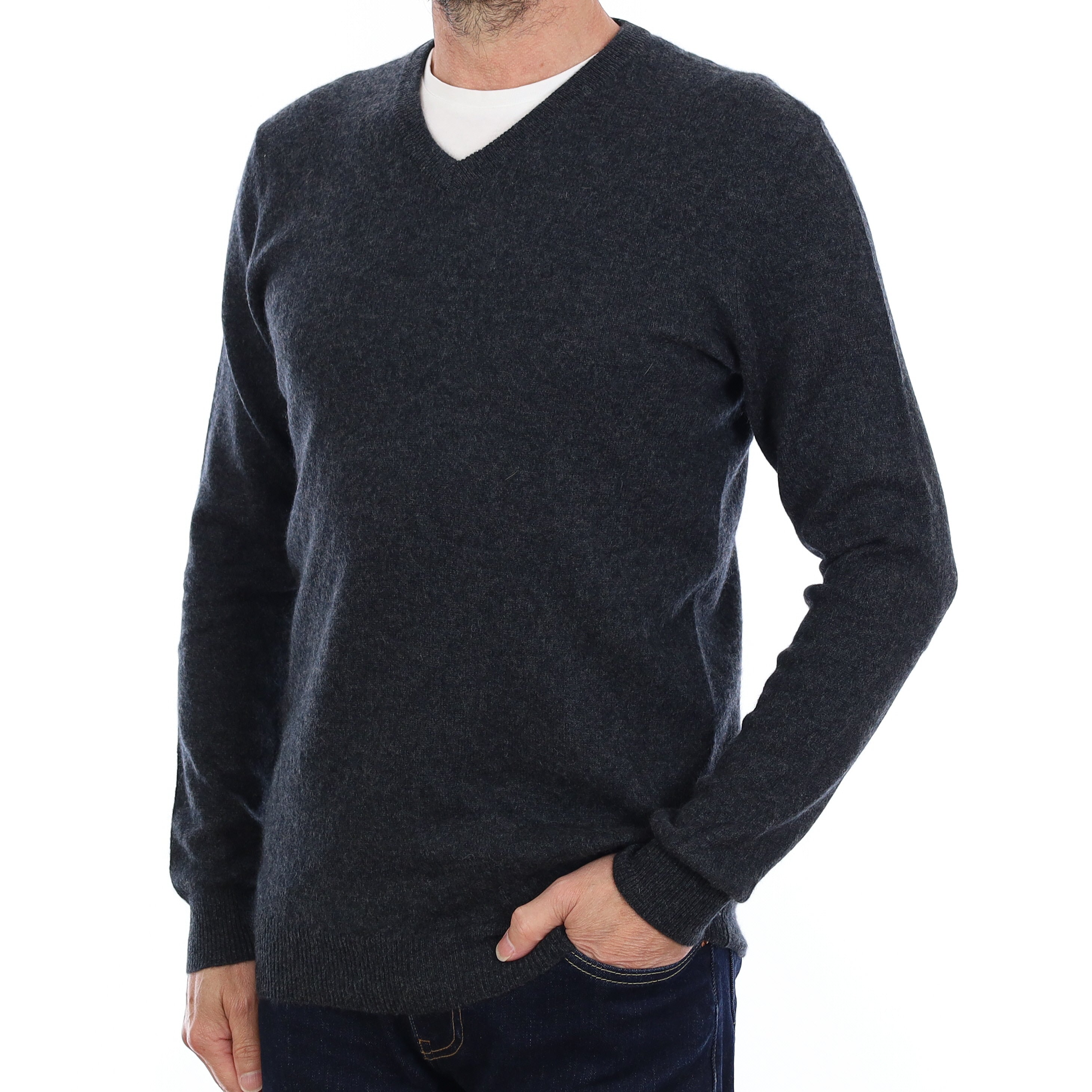 Men's Charcoal Grey Cashmere V Neck Jumper Small