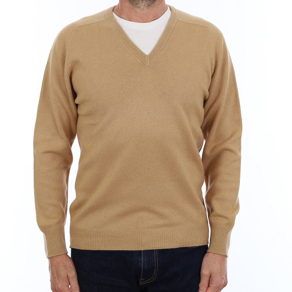 Men's Caramel Brown Cashmere V Neck Jumper Small