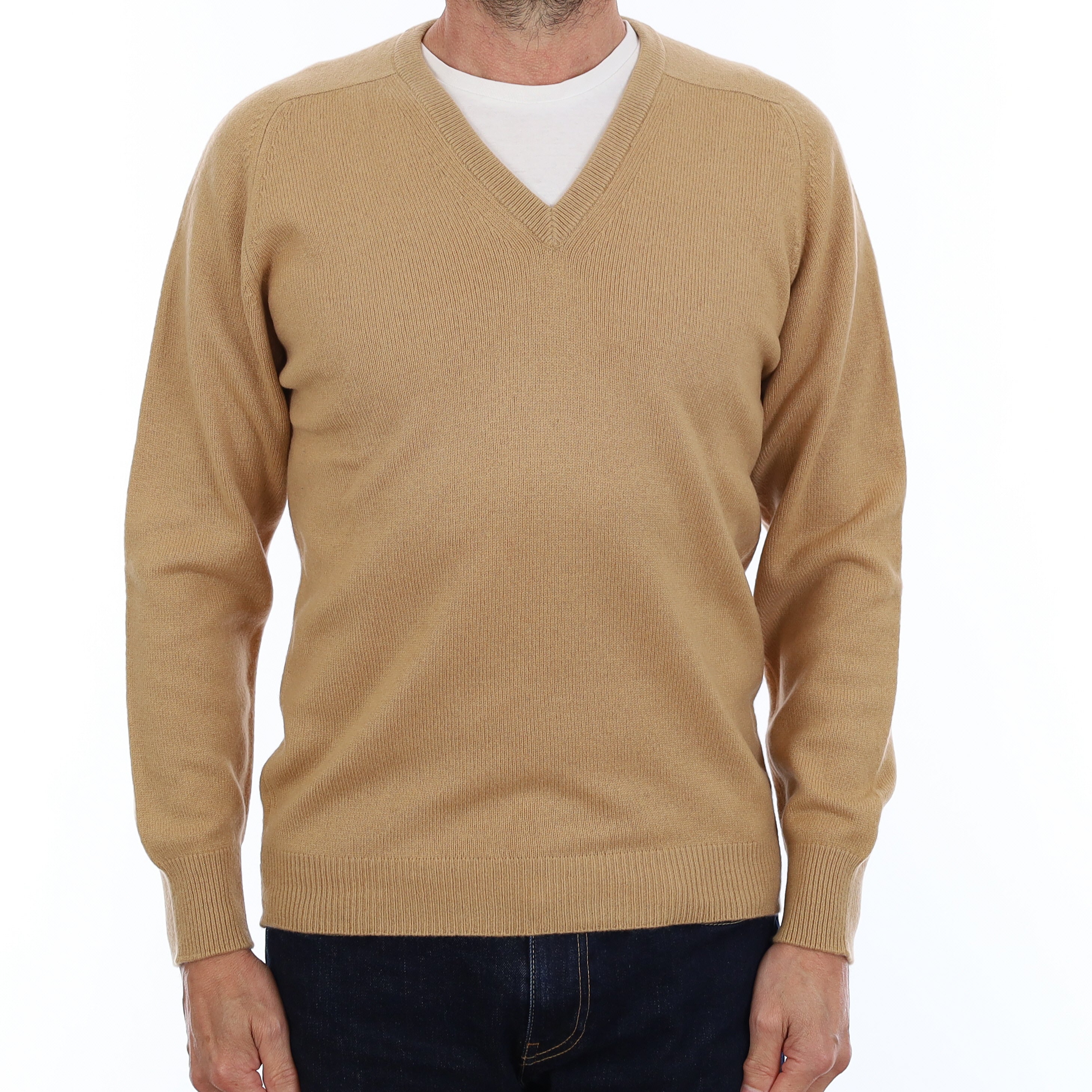Men's Caramel Brown Cashmere V Neck Jumper Small