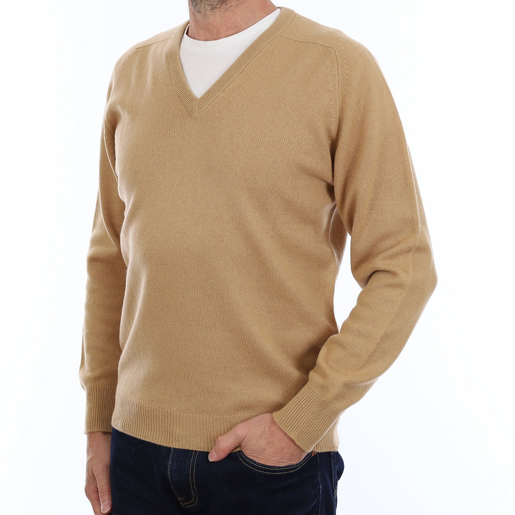 Men's Caramel Brown Cashmere V Neck Jumper Small