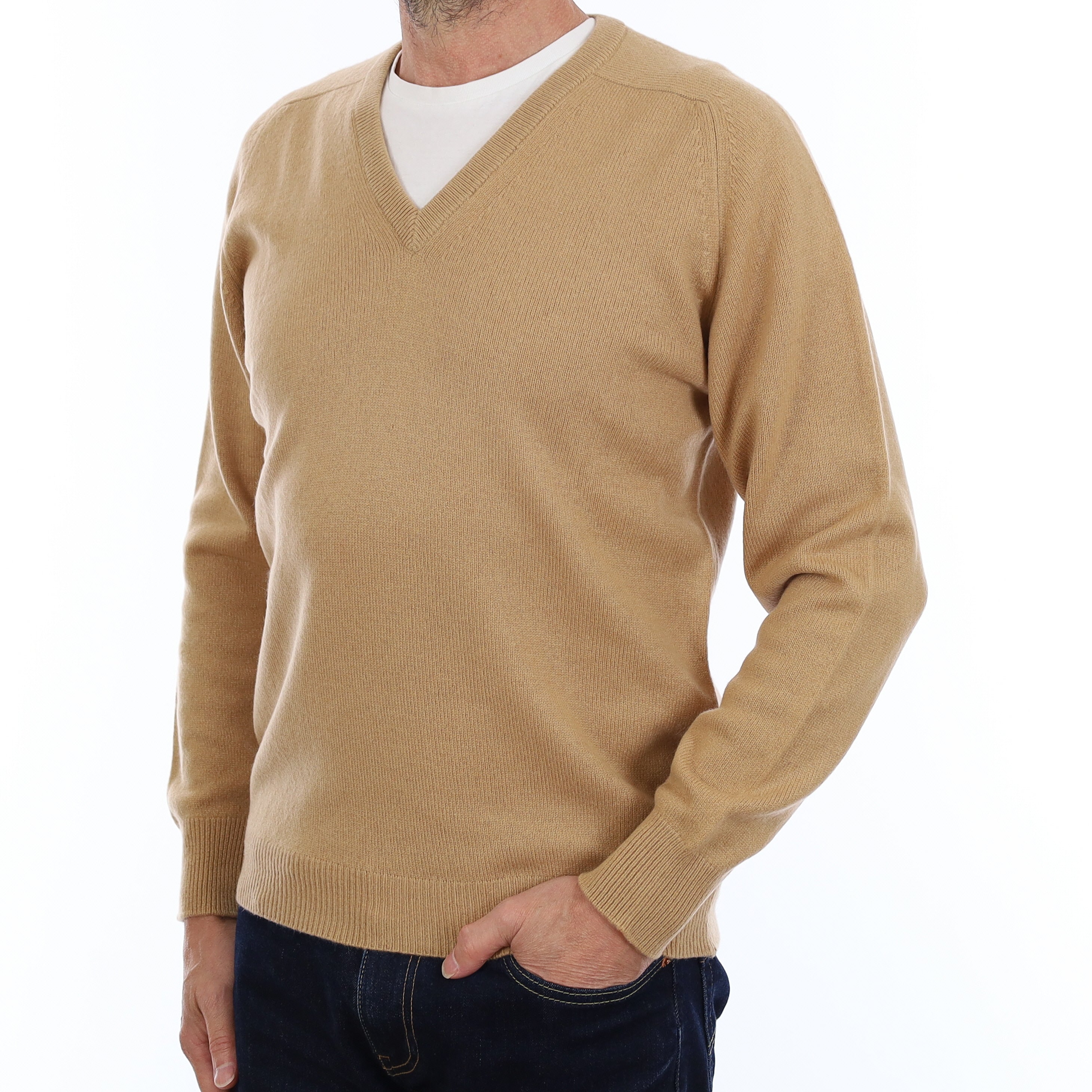Men's Caramel Brown Cashmere V Neck Jumper Small