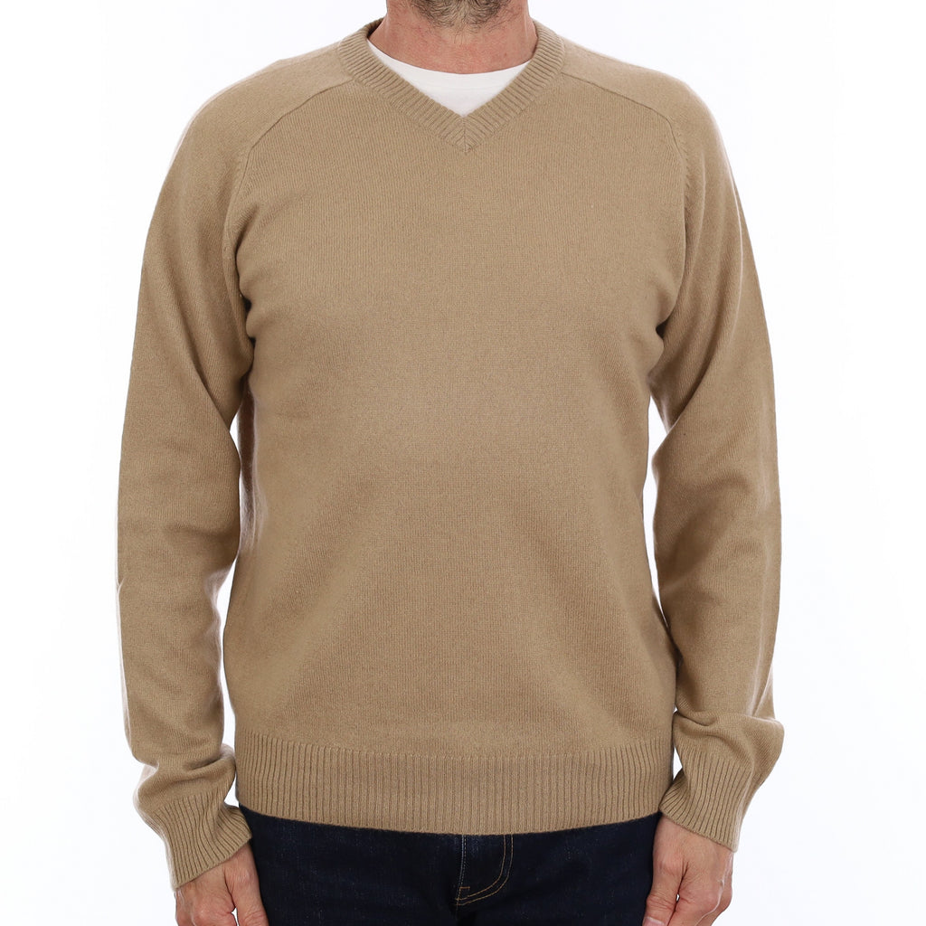 Men's Caramel Brown Cashmere V Neck Jumper Small