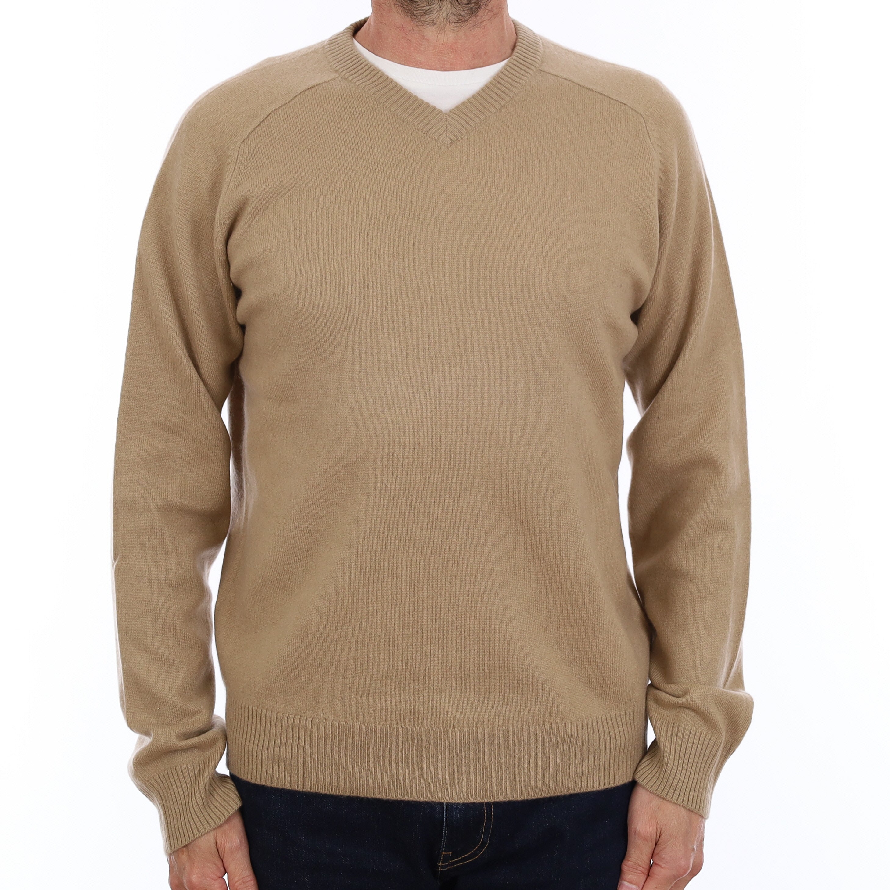 Men's Caramel Brown Cashmere V Neck Jumper Small