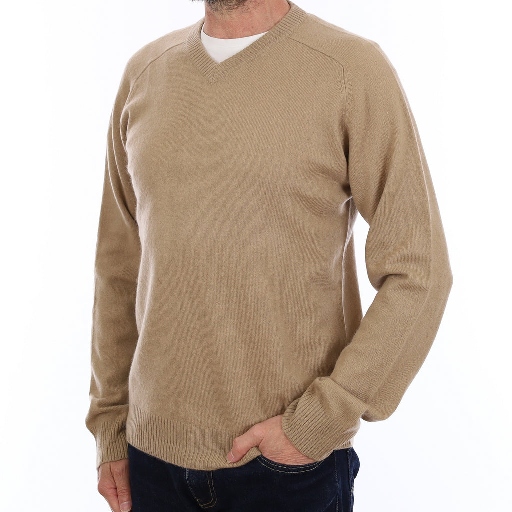 Men's Caramel Brown Cashmere V Neck Jumper Small