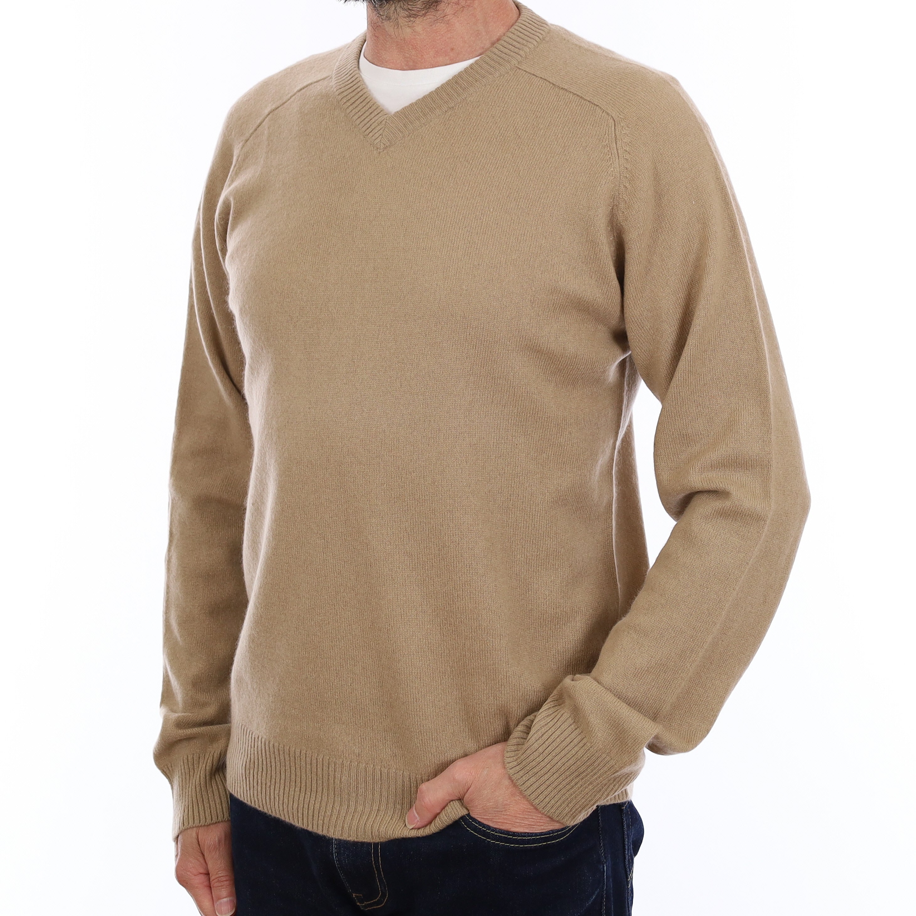 Men's Caramel Brown Cashmere V Neck Jumper Small