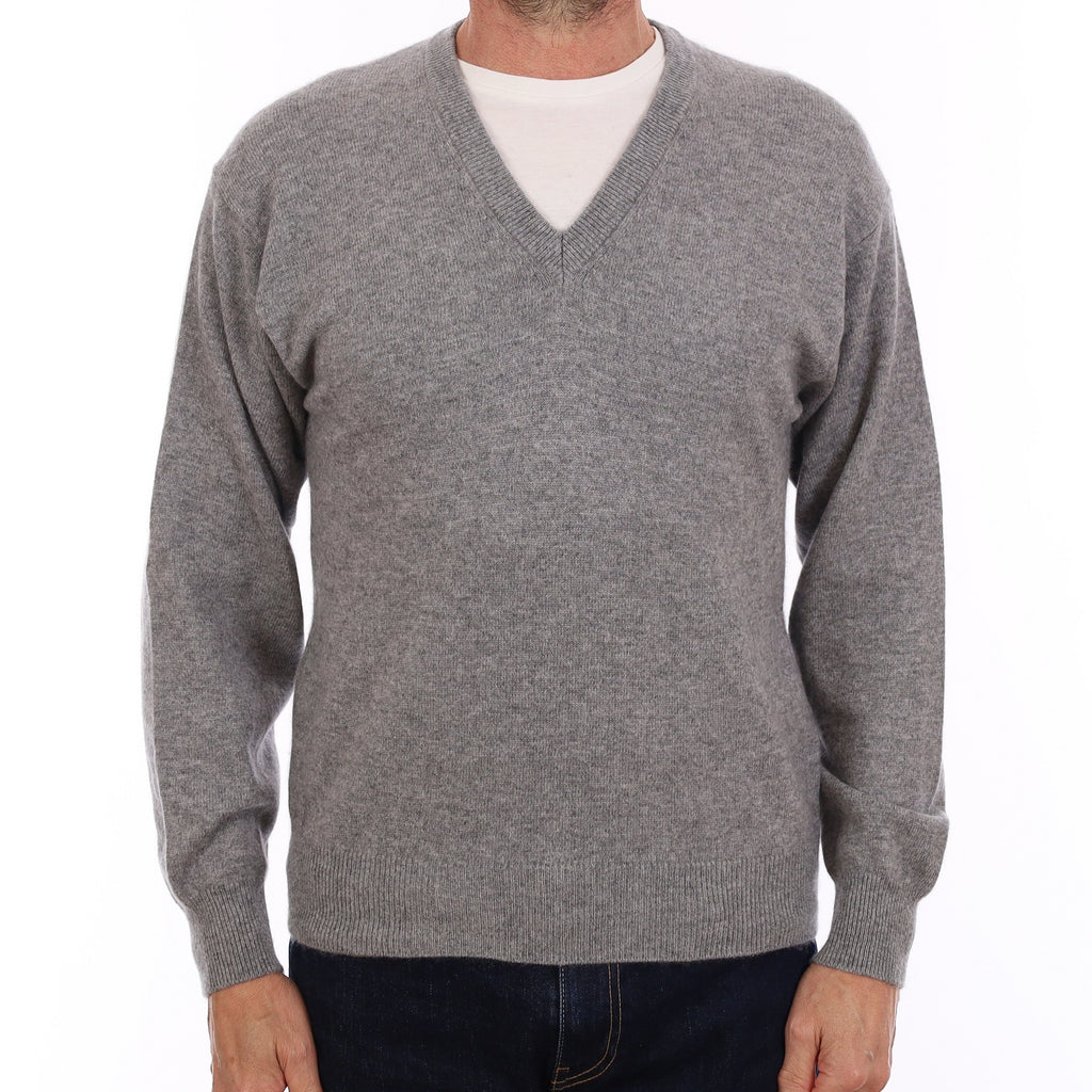 Men's Smoke Grey Cashmere V Neck Jumper Small