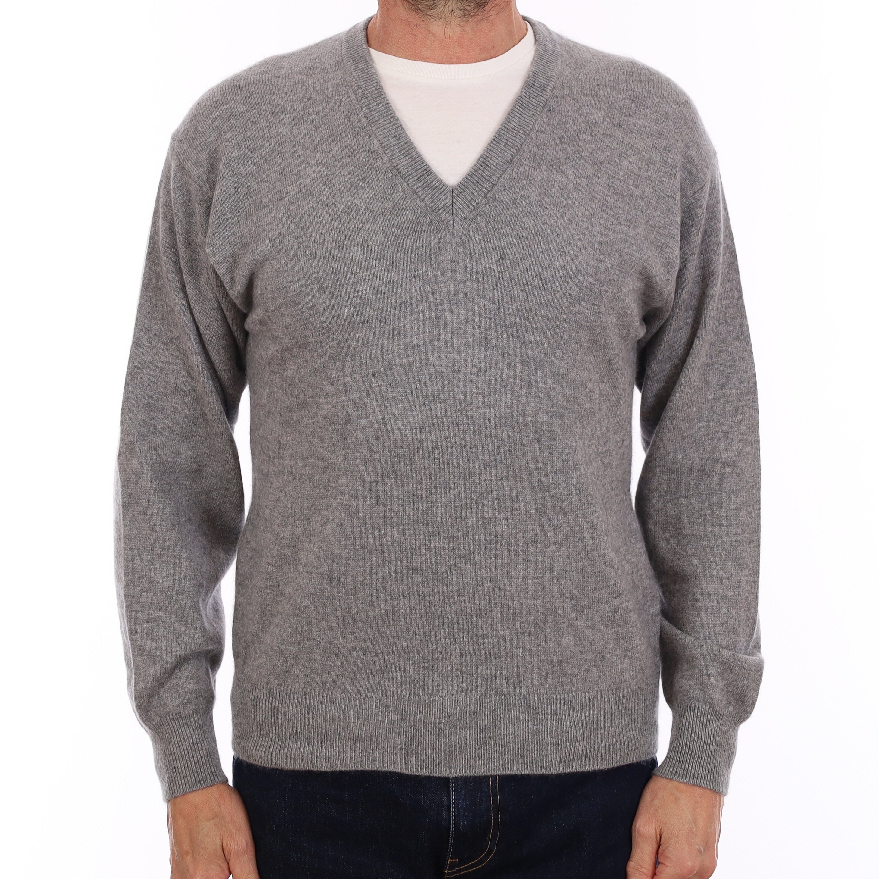 Men's Smoke Grey Cashmere V Neck Jumper Small