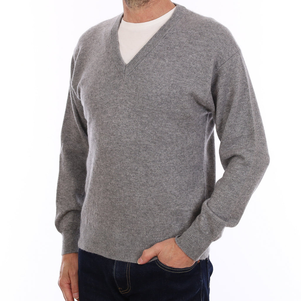 Men's Smoke Grey Cashmere V Neck Jumper Small