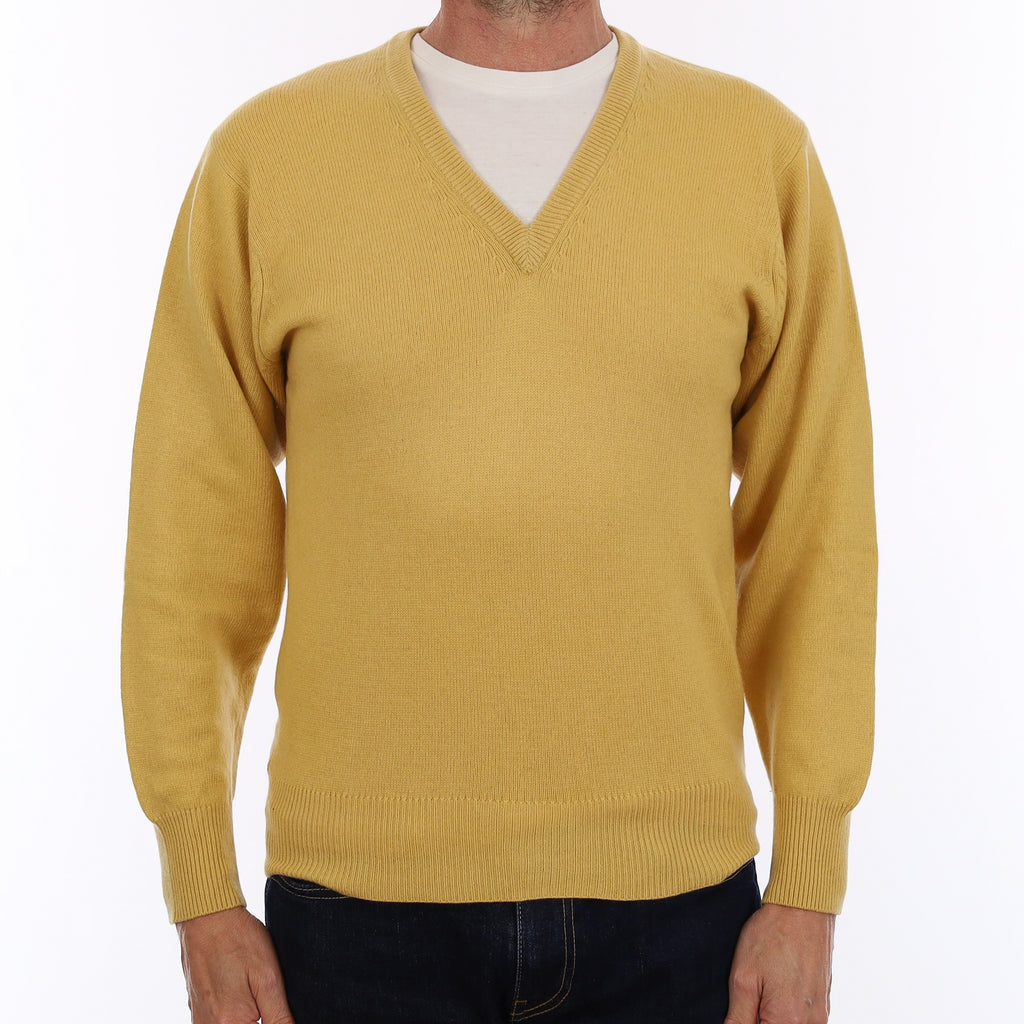 Men's Butterscotch Yellow Cashmere V Neck Jumper Small