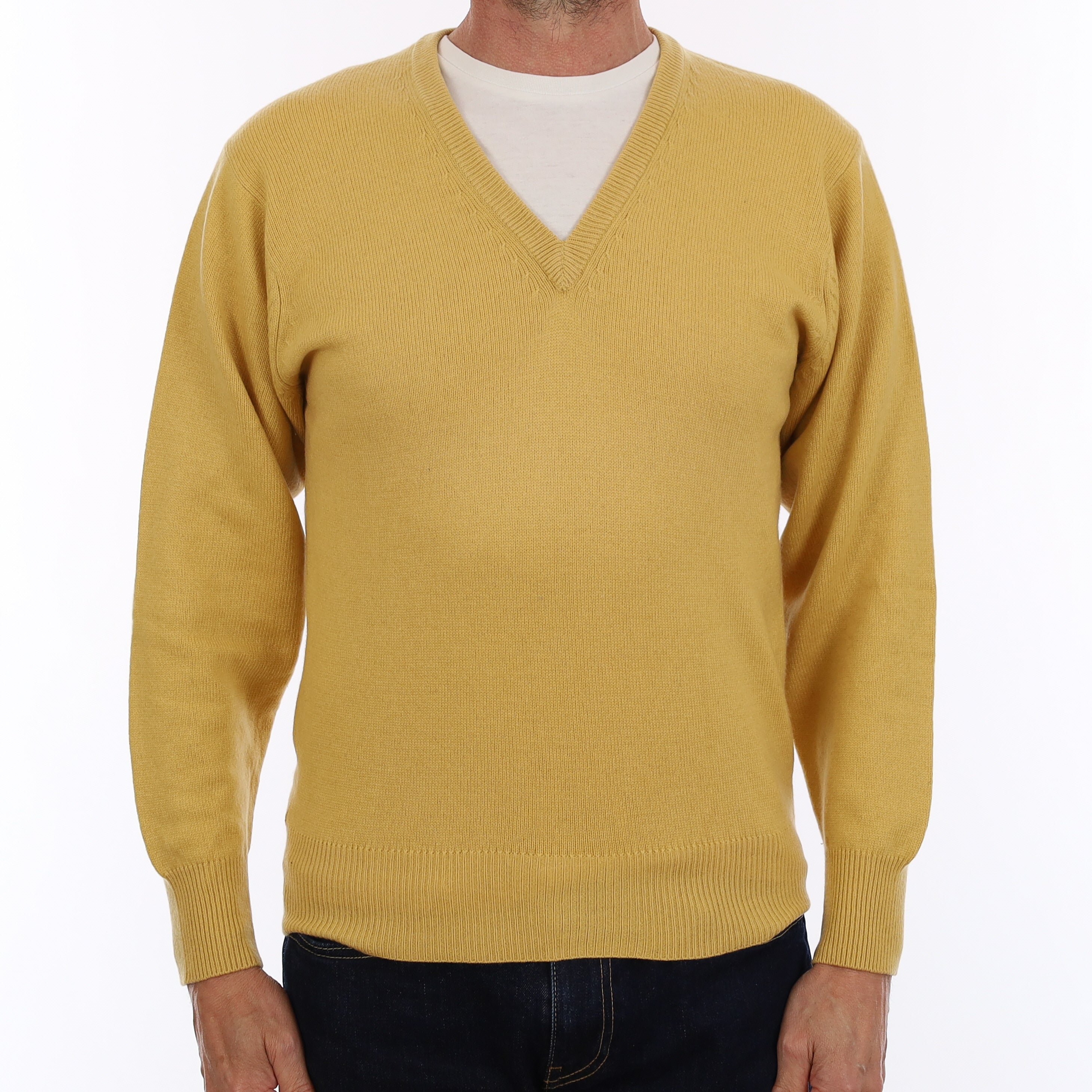 Men's Butterscotch Yellow Cashmere V Neck Jumper Small