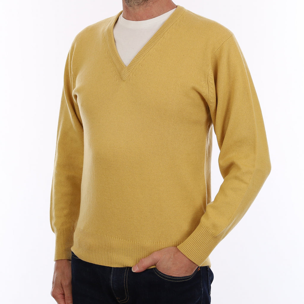Men's Butterscotch Yellow Cashmere V Neck Jumper Small
