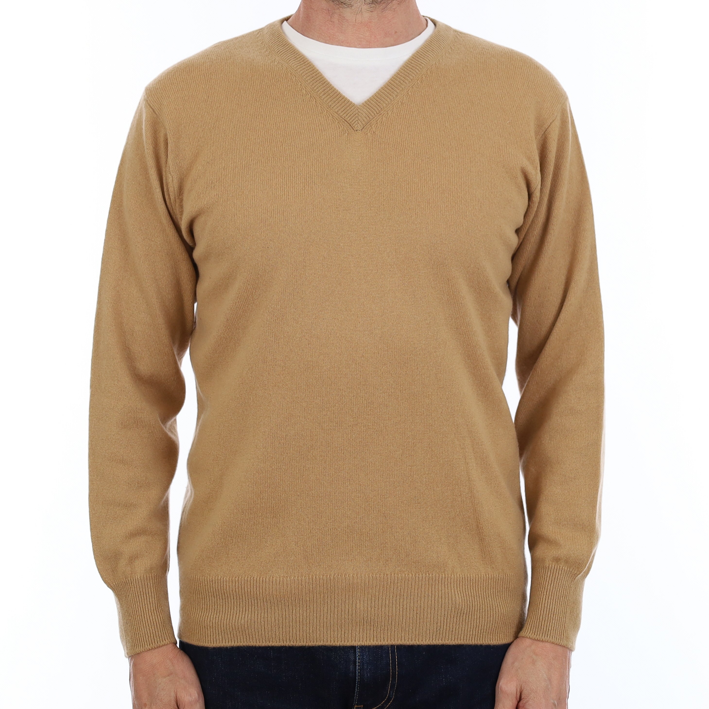 Men's Caramel Brown Cashmere V Neck Jumper Small