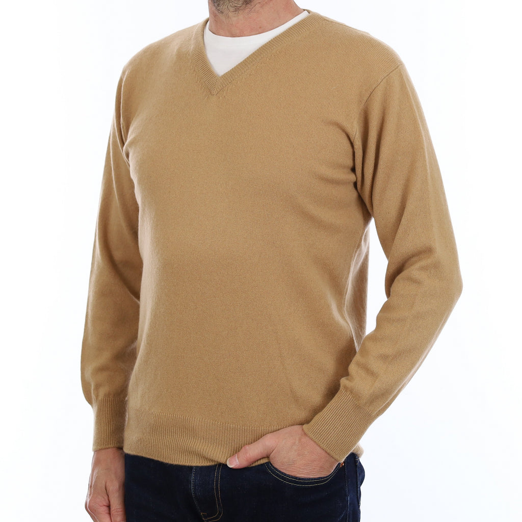 Men's Caramel Brown Cashmere V Neck Jumper Small