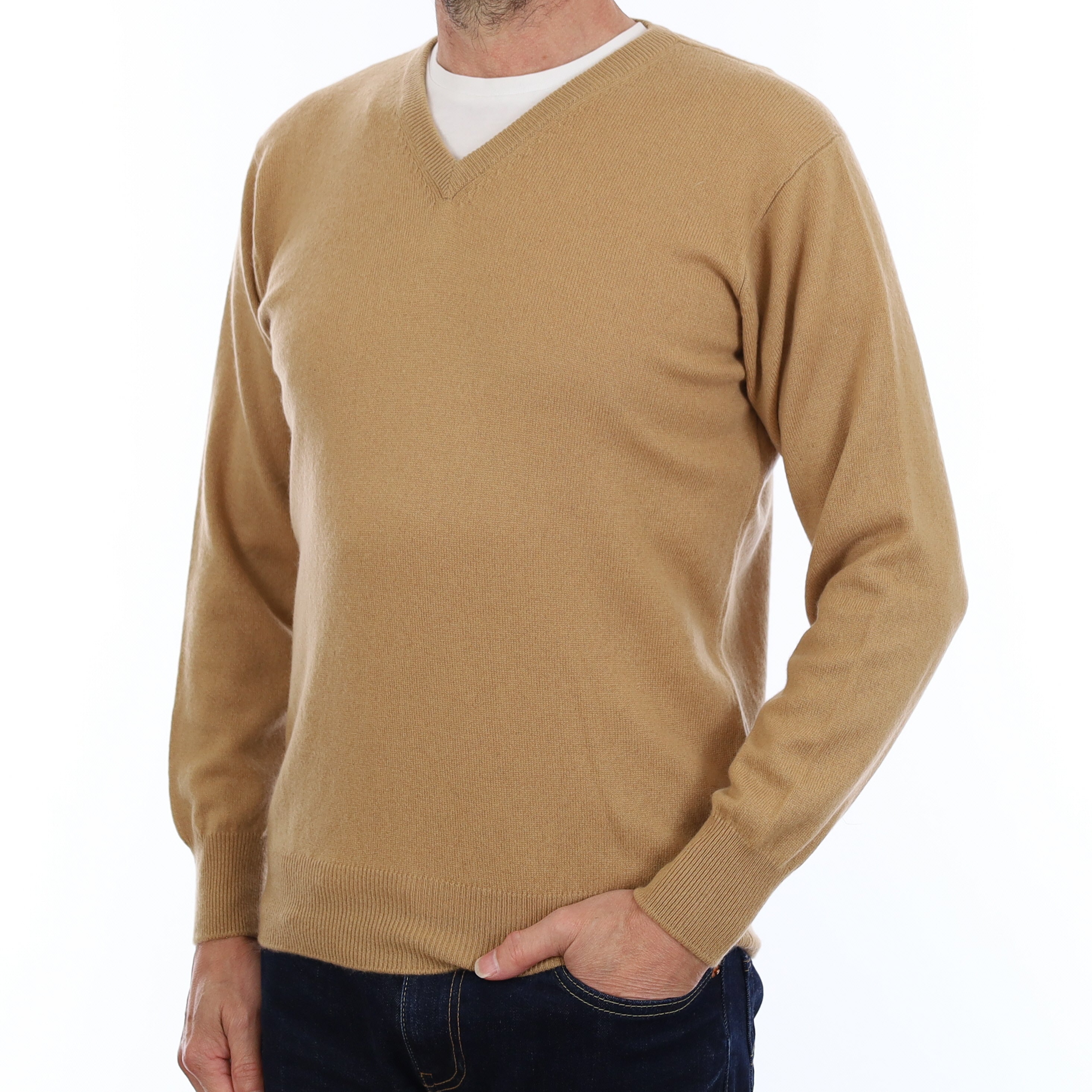 Men's Caramel Brown Cashmere V Neck Jumper Small