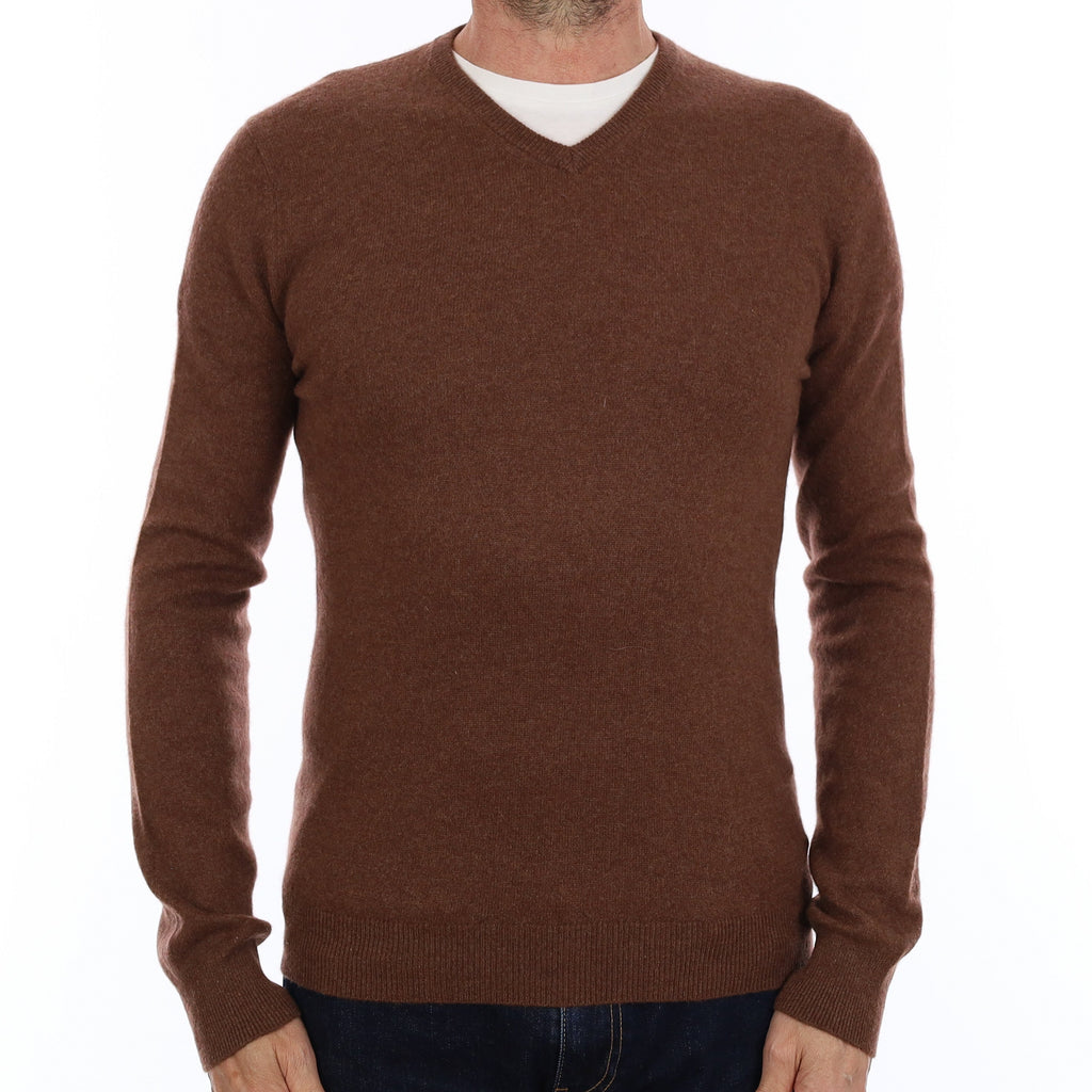 Men's Chocolate Brown Cashmere V Neck Jumper Small