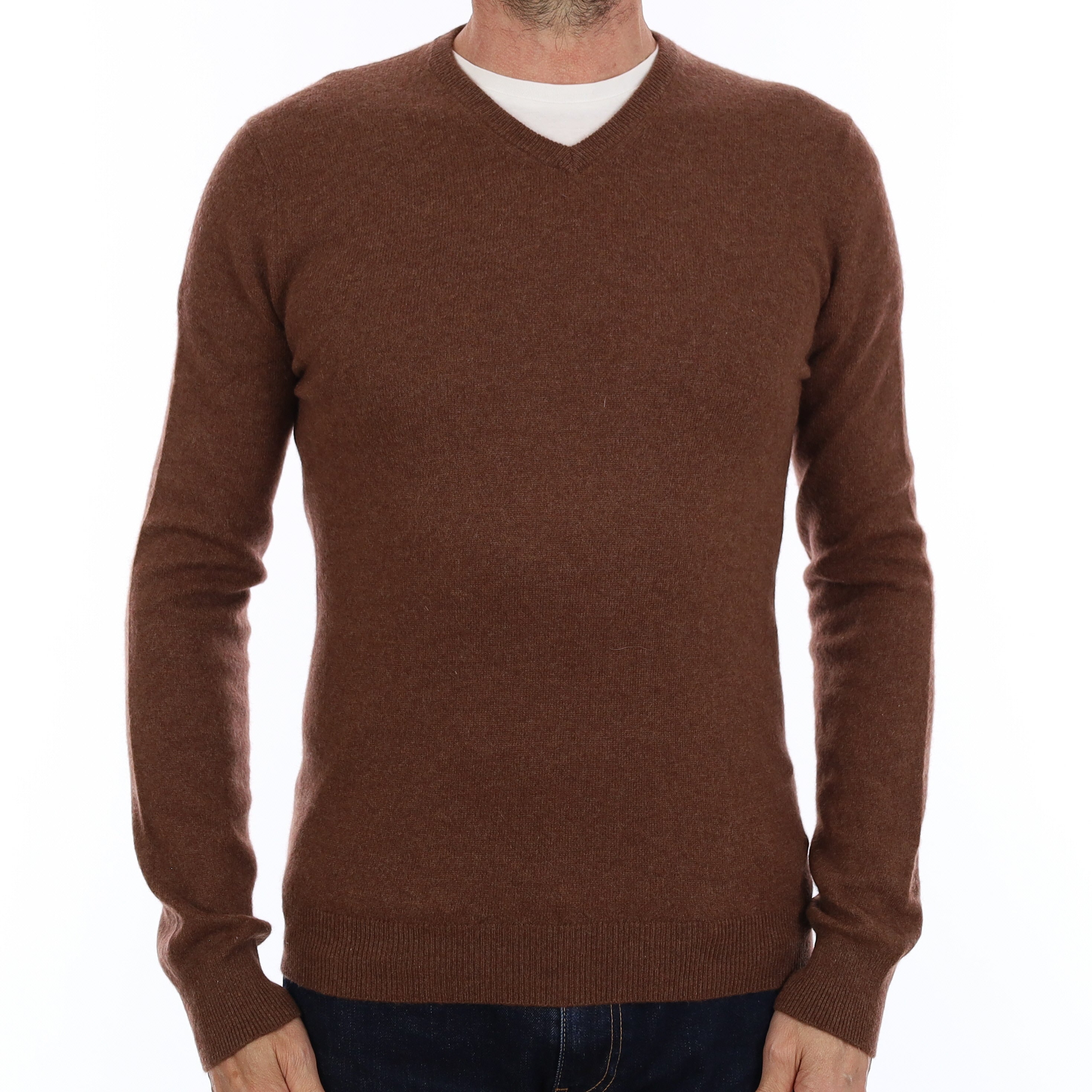 Men's Chocolate Brown Cashmere V Neck Jumper Small