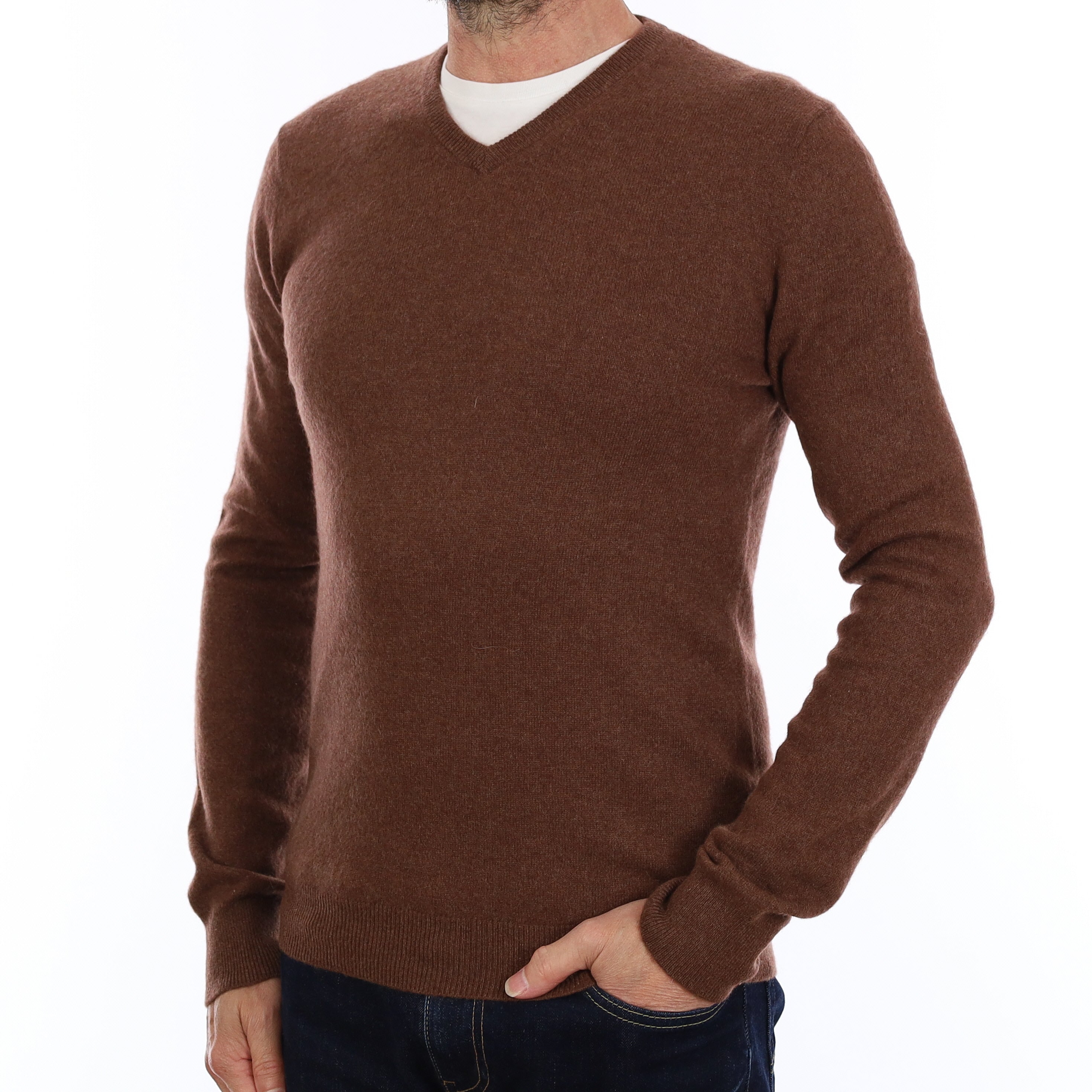 Men's Chocolate Brown Cashmere V Neck Jumper Small