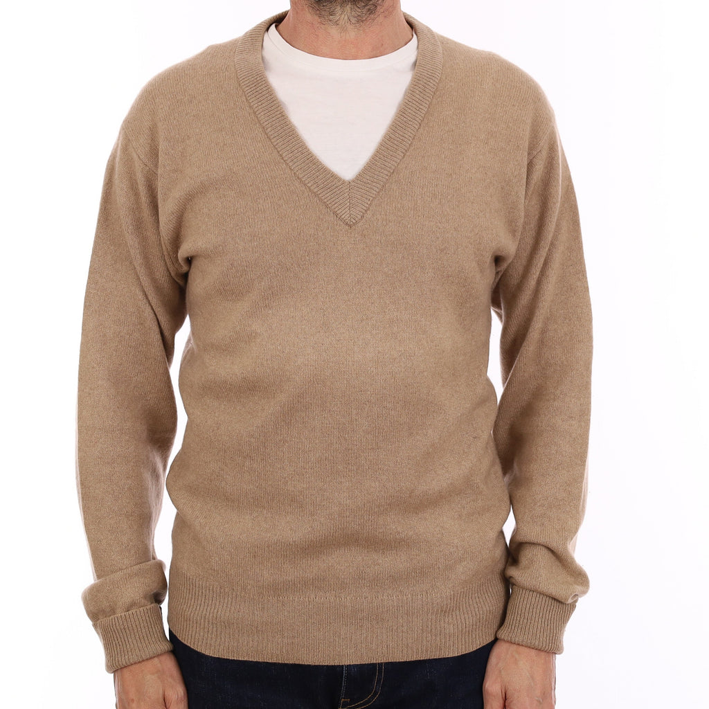 Men's Toffee Brown Cashmere V Neck Jumper Small