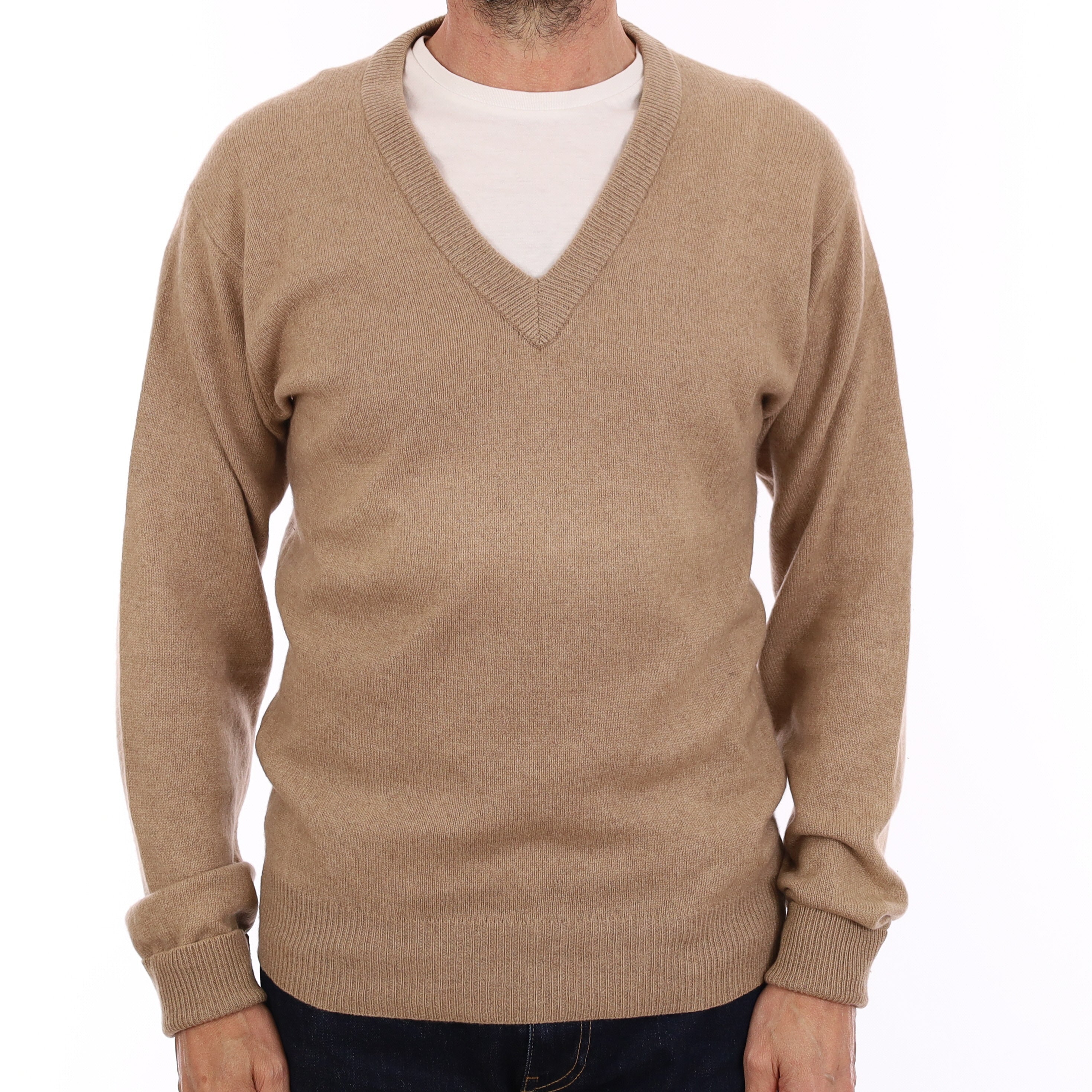 Men's Toffee Brown Cashmere V Neck Jumper Small