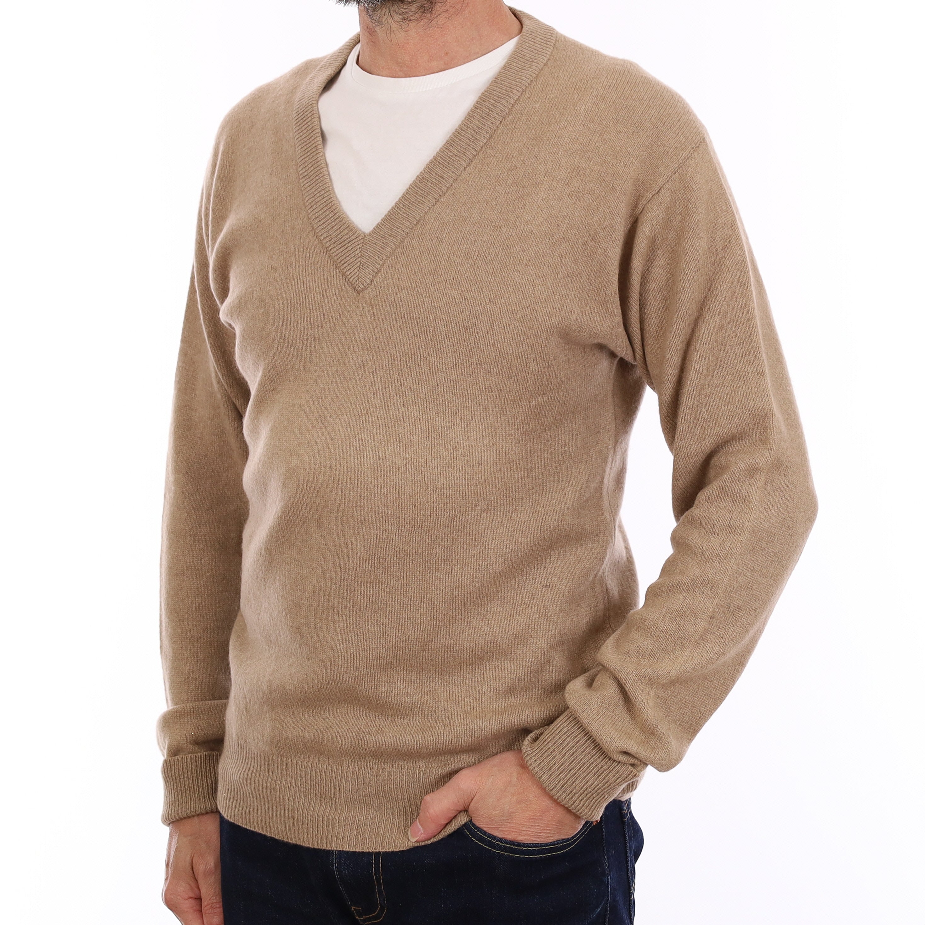 Men's Toffee Brown Cashmere V Neck Jumper Small