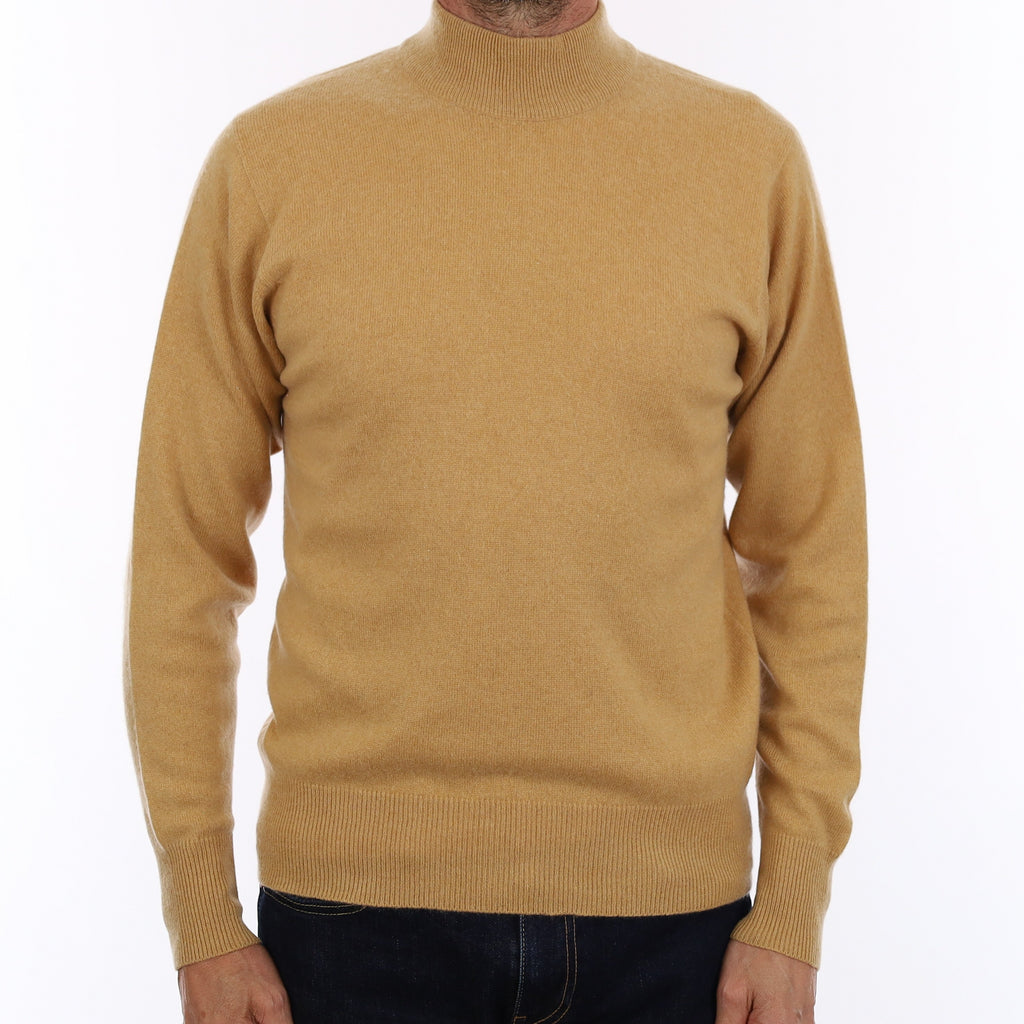 Men's Sand Cashmere Polo Neck Jumper Small