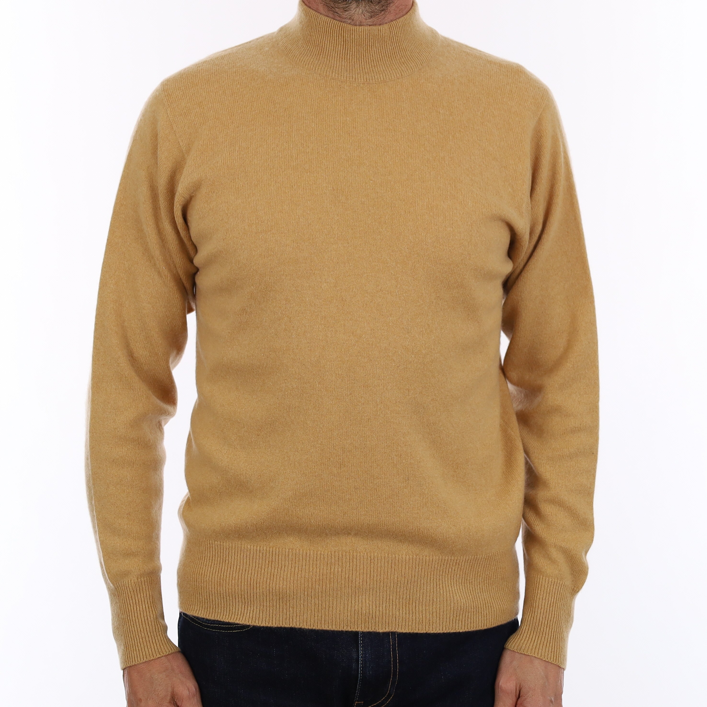 Men's Sand Cashmere Polo Neck Jumper Small