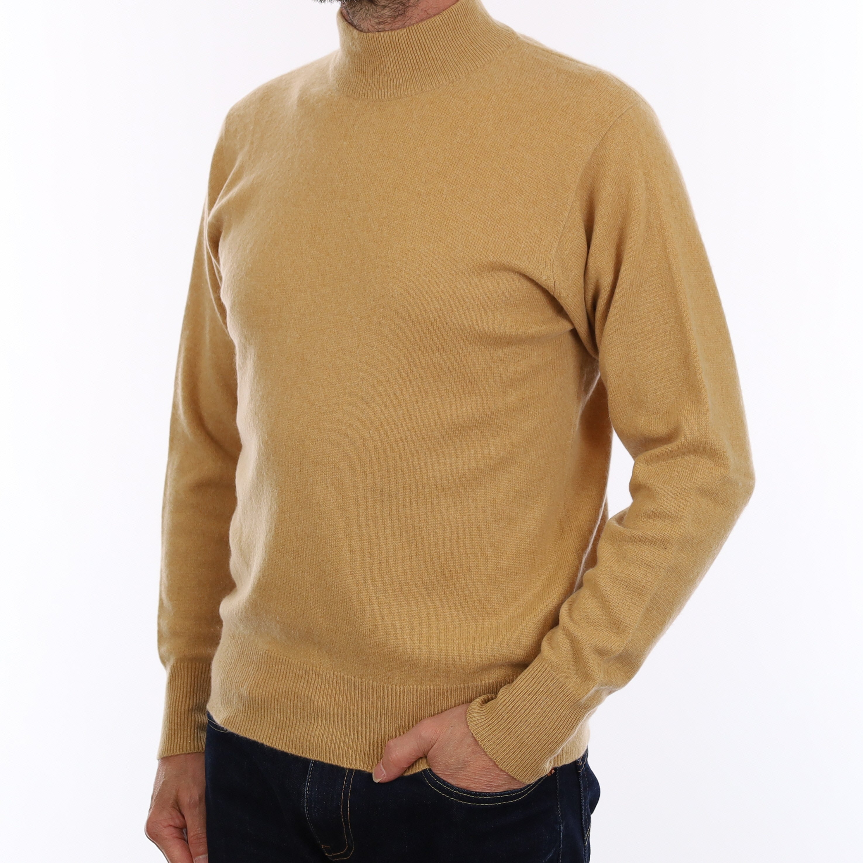 Men's Sand Cashmere Polo Neck Jumper Small