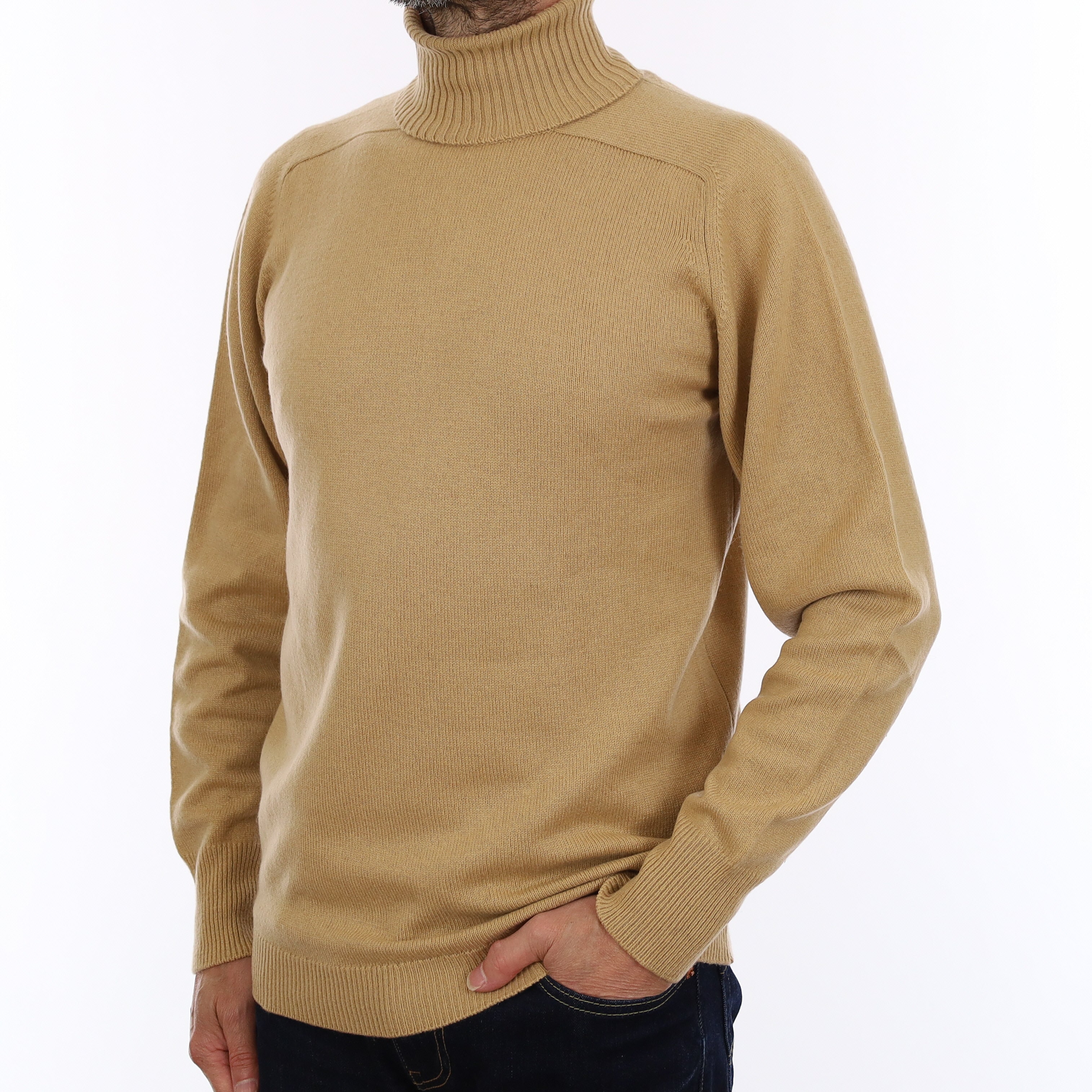 Men's Caramel Cashmere Polo Neck Jumper Small