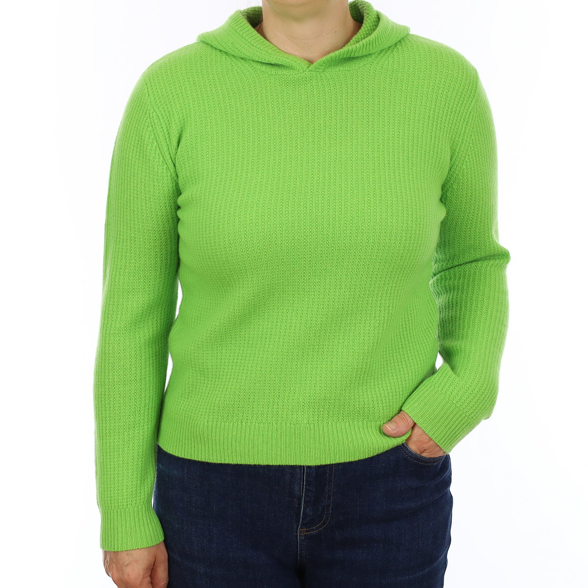 Brand New Neon Green Waffle Knit Cashmere Hoodie Jumper Medium