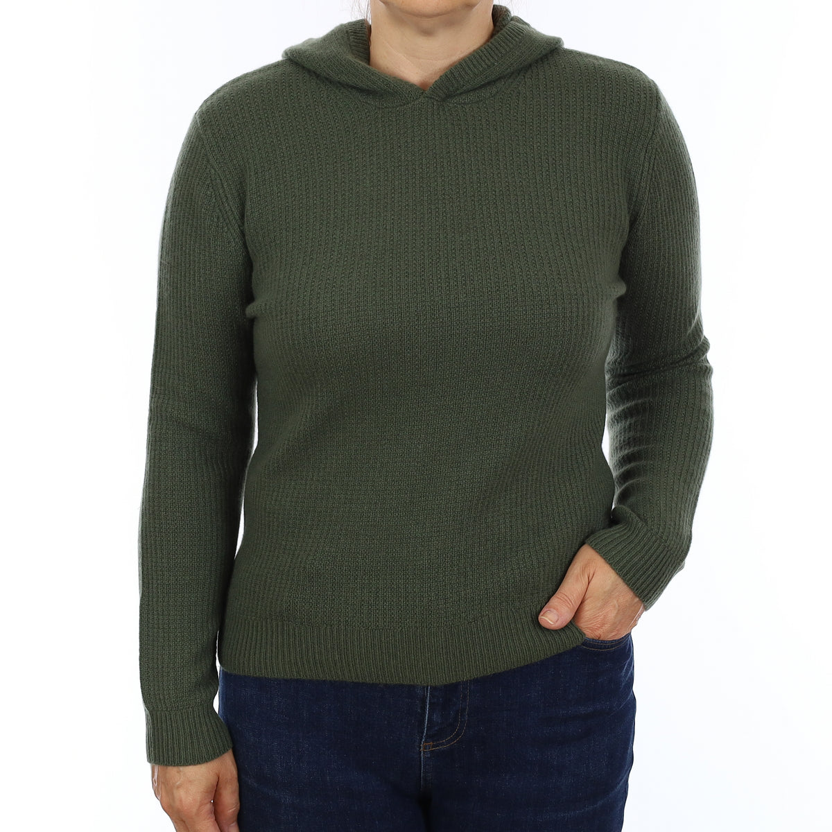 Brand New Juniper Green Waffle Knit Cashmere Hoodie Jumper Medium