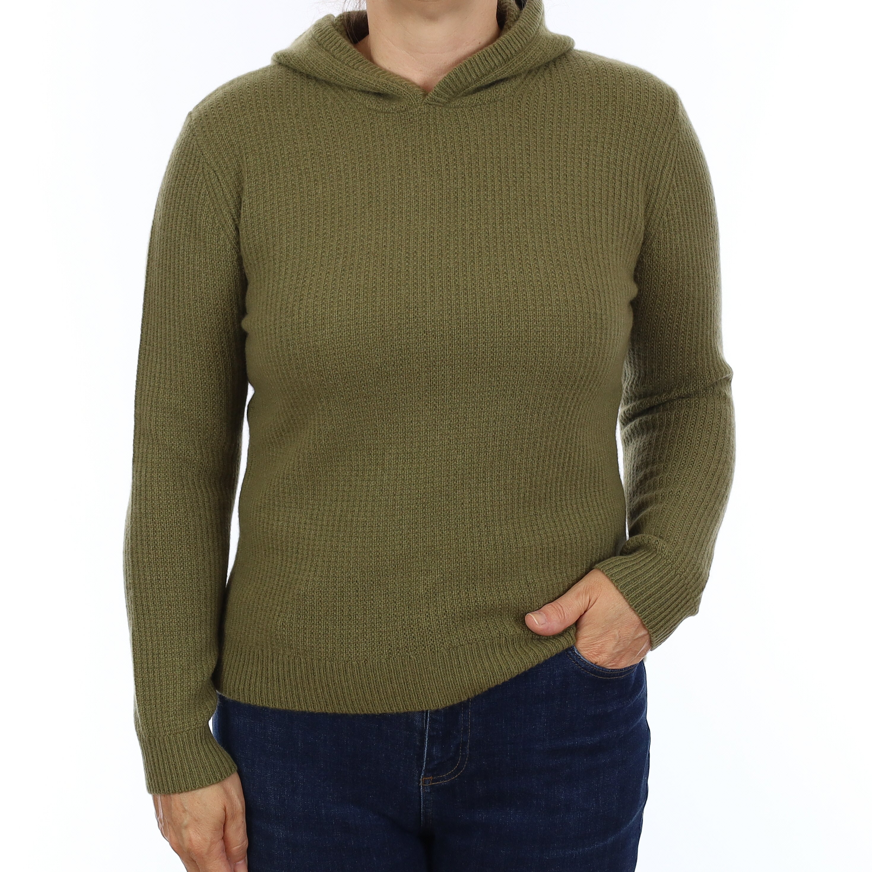 Brand New Olive Green Waffle Knit Cashmere Hoodie Jumper Medium