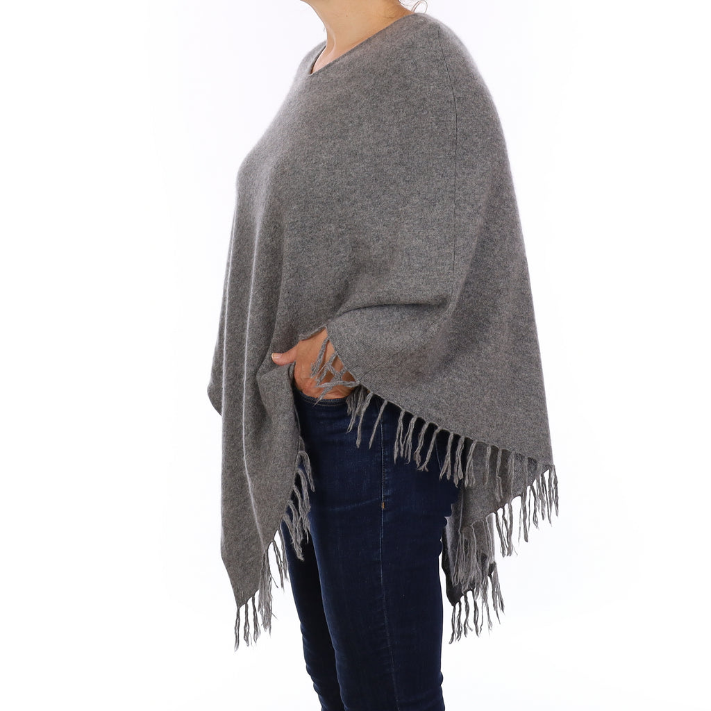 Ash Grey Tassel Edged Cashmere Poncho One Size