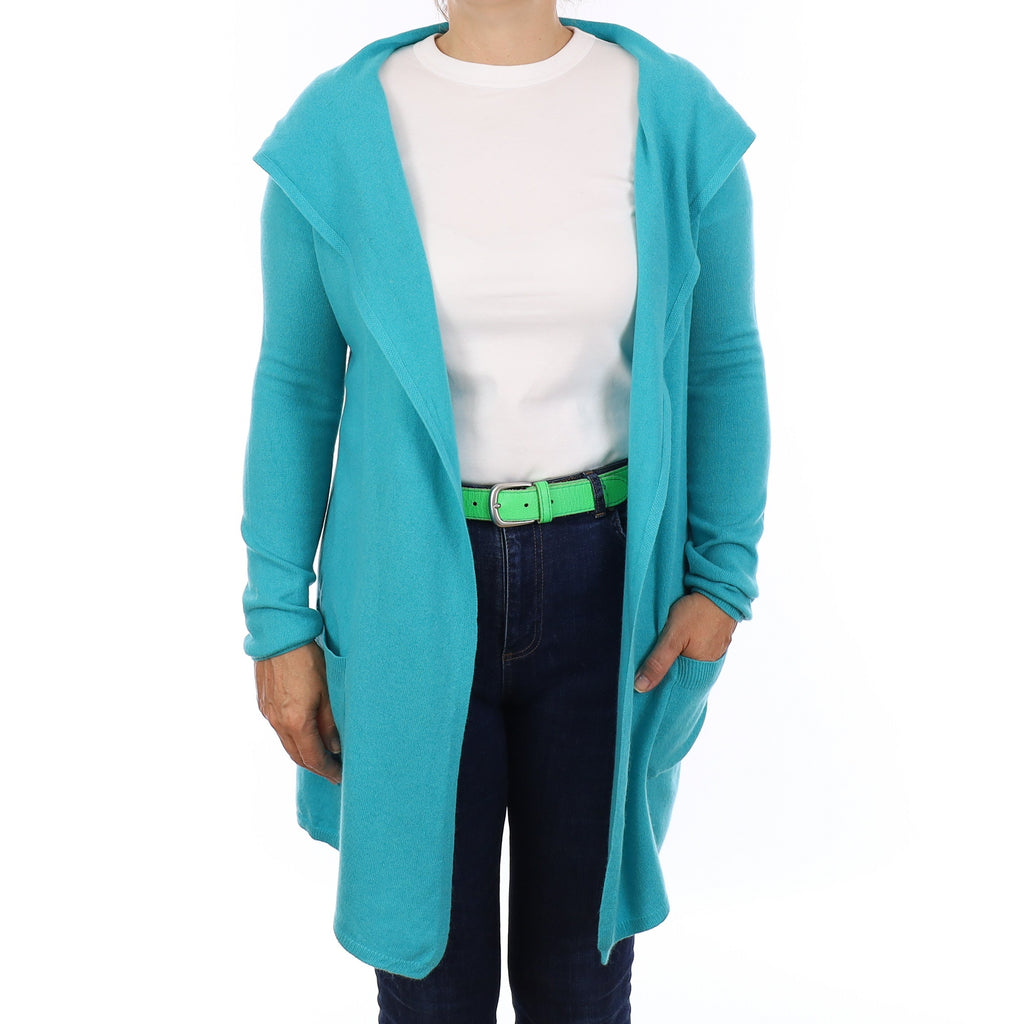 Sea Foam Blue Cashmere Hooded Edge to Edge Cardigan Medium