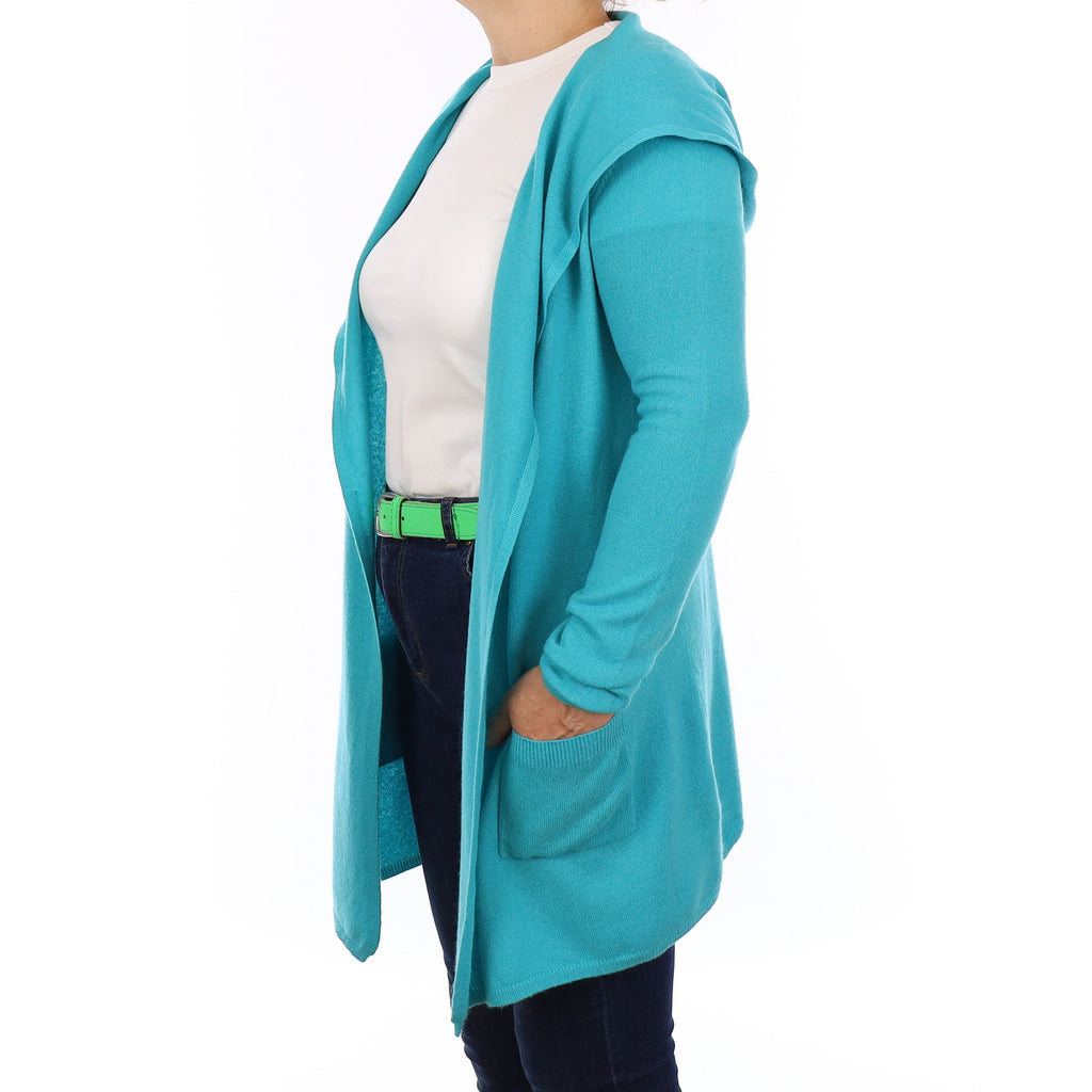 Sea Foam Blue Cashmere Hooded Edge to Edge Cardigan Medium