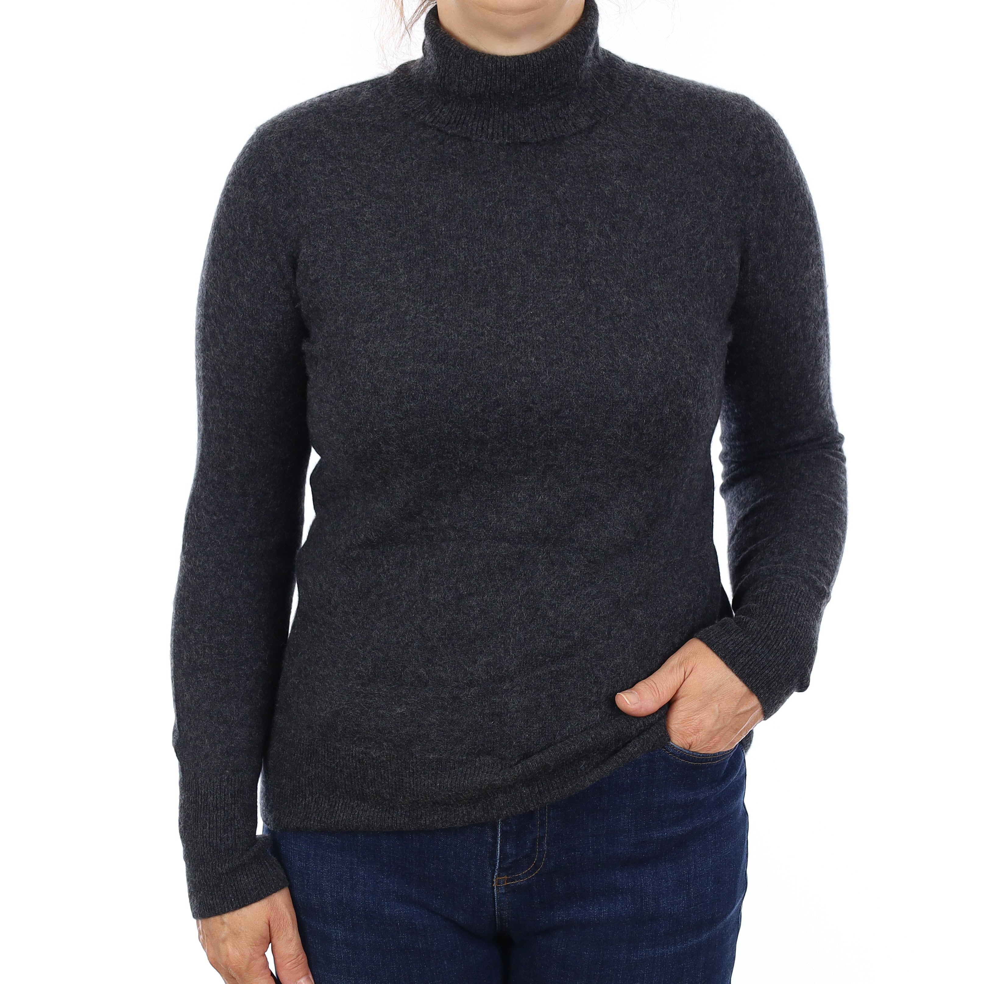 Charcoal Grey Cashmere Polo Neck Jumper Medium