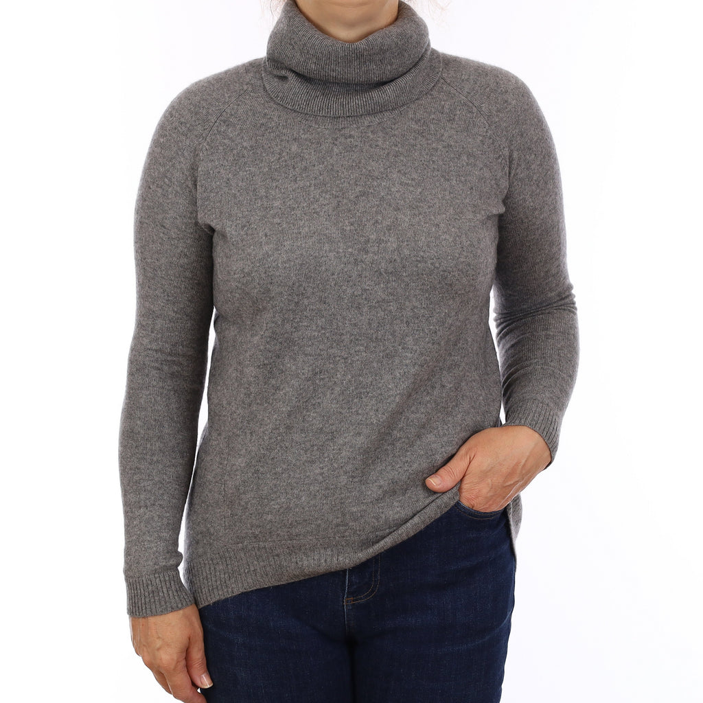Ash Grey Cashmere Longline Polo Neck Jumper Medium