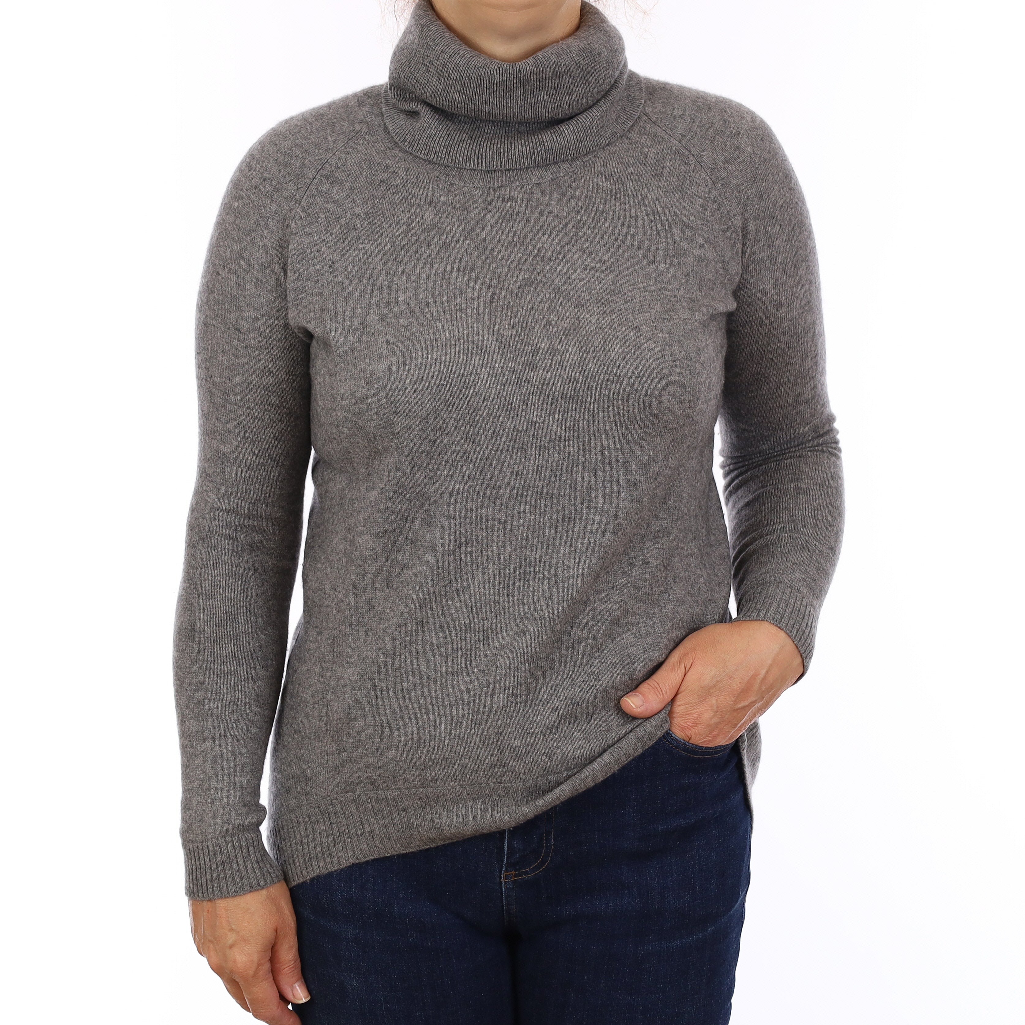 Ash Grey Cashmere Longline Polo Neck Jumper Medium