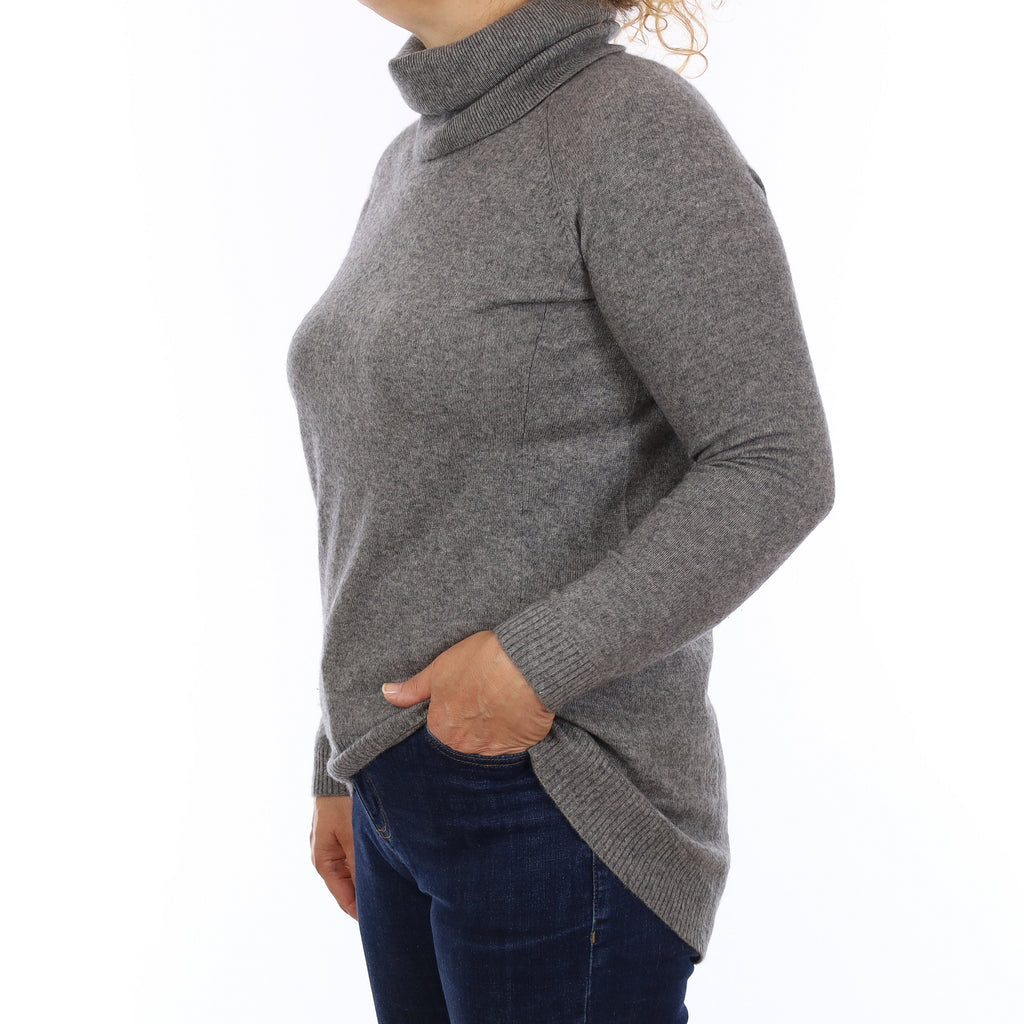 Ash Grey Cashmere Longline Polo Neck Jumper Medium