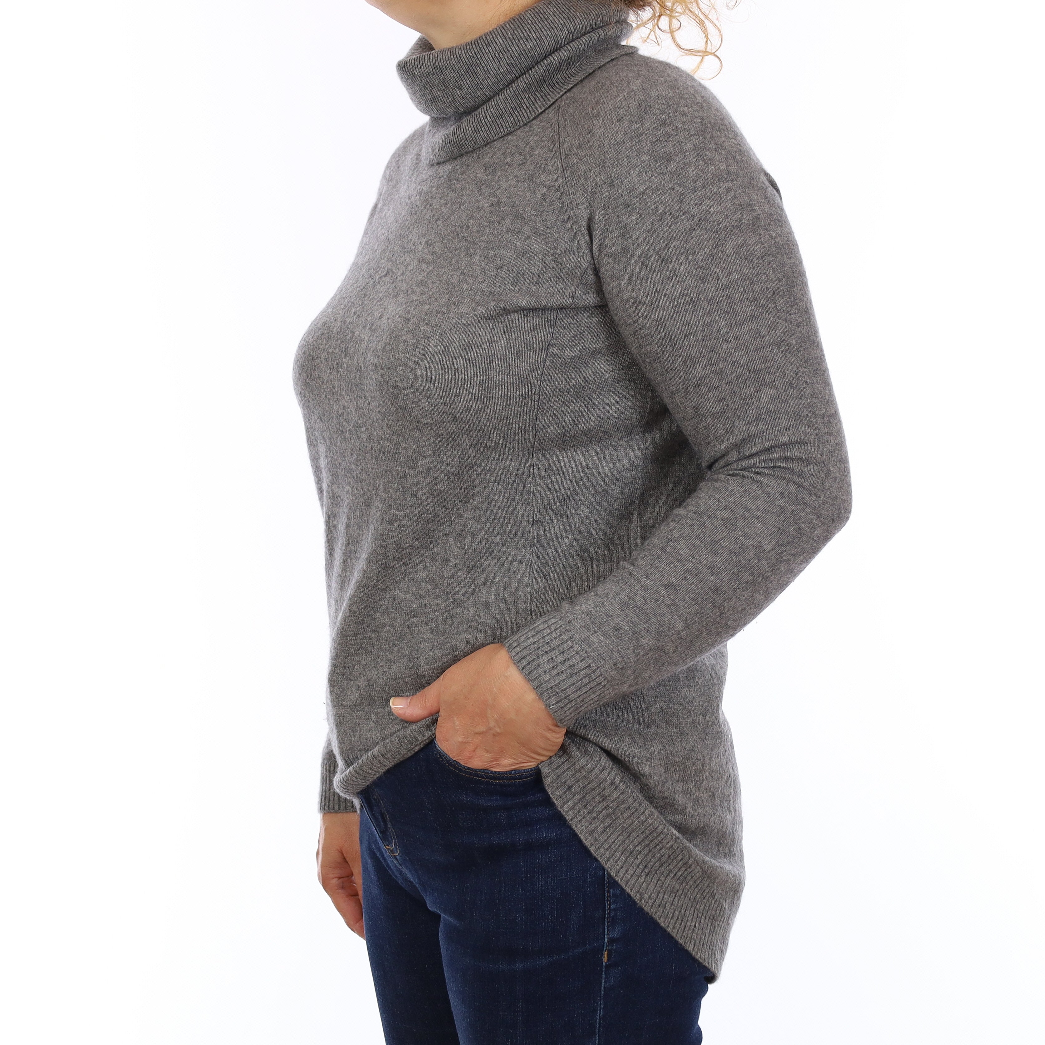 Ash Grey Cashmere Longline Polo Neck Jumper Medium