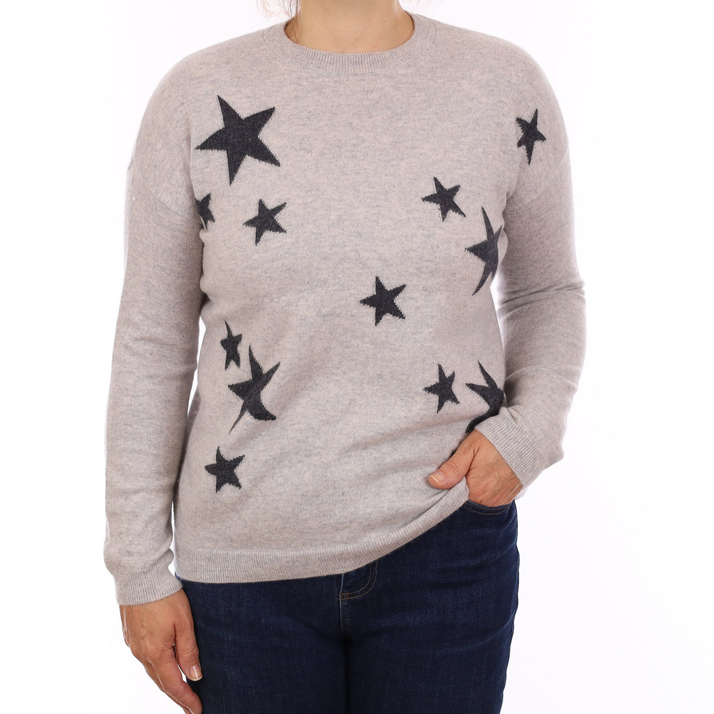 Mist Grey Star Design Cashmere Crew Neck Jumper Medium