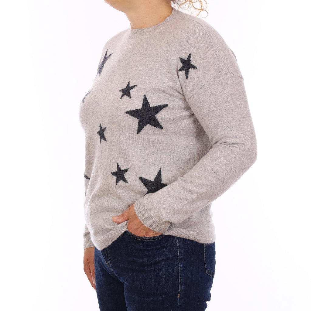 Mist Grey Star Design Cashmere Crew Neck Jumper Medium