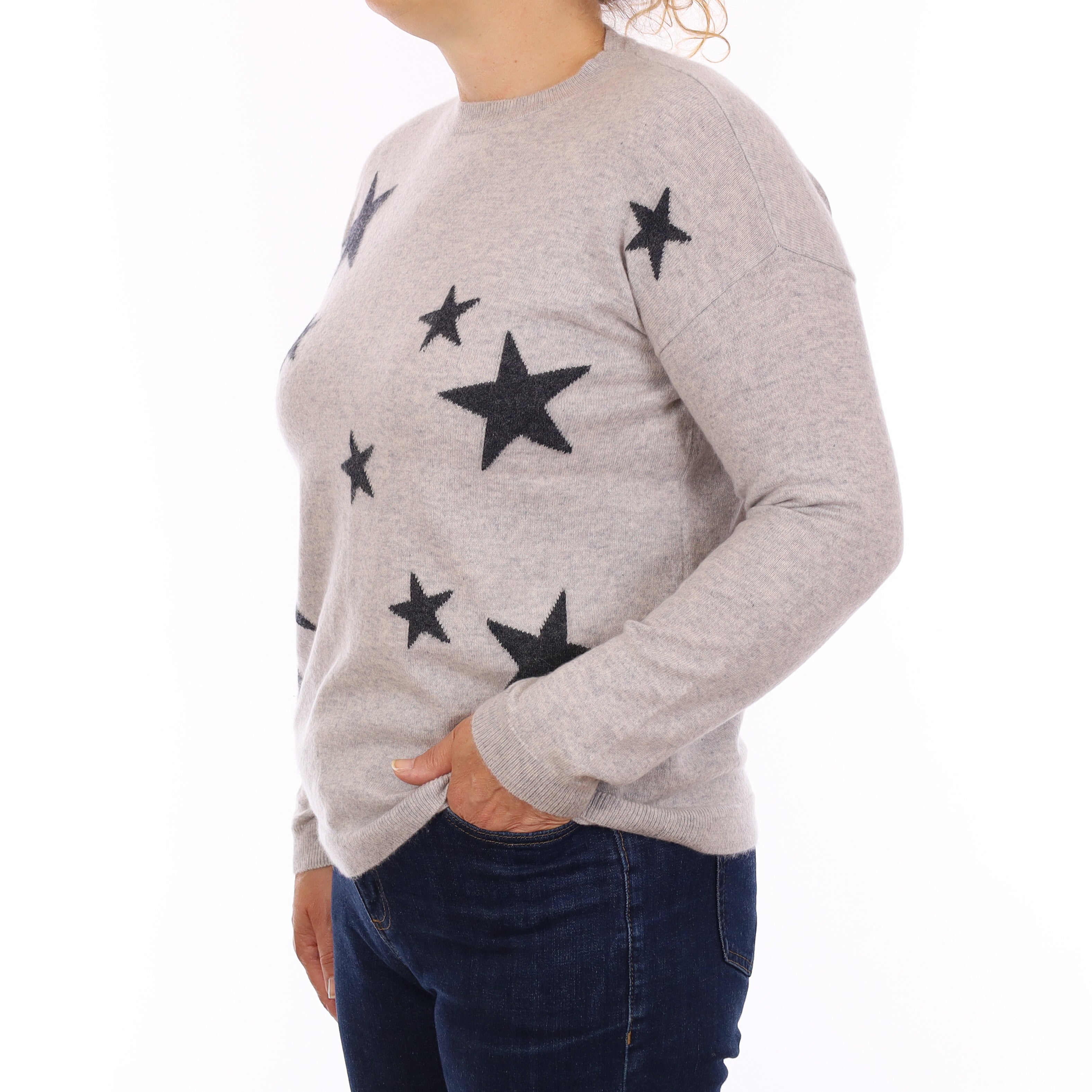 Mist Grey Star Design Cashmere Crew Neck Jumper Medium