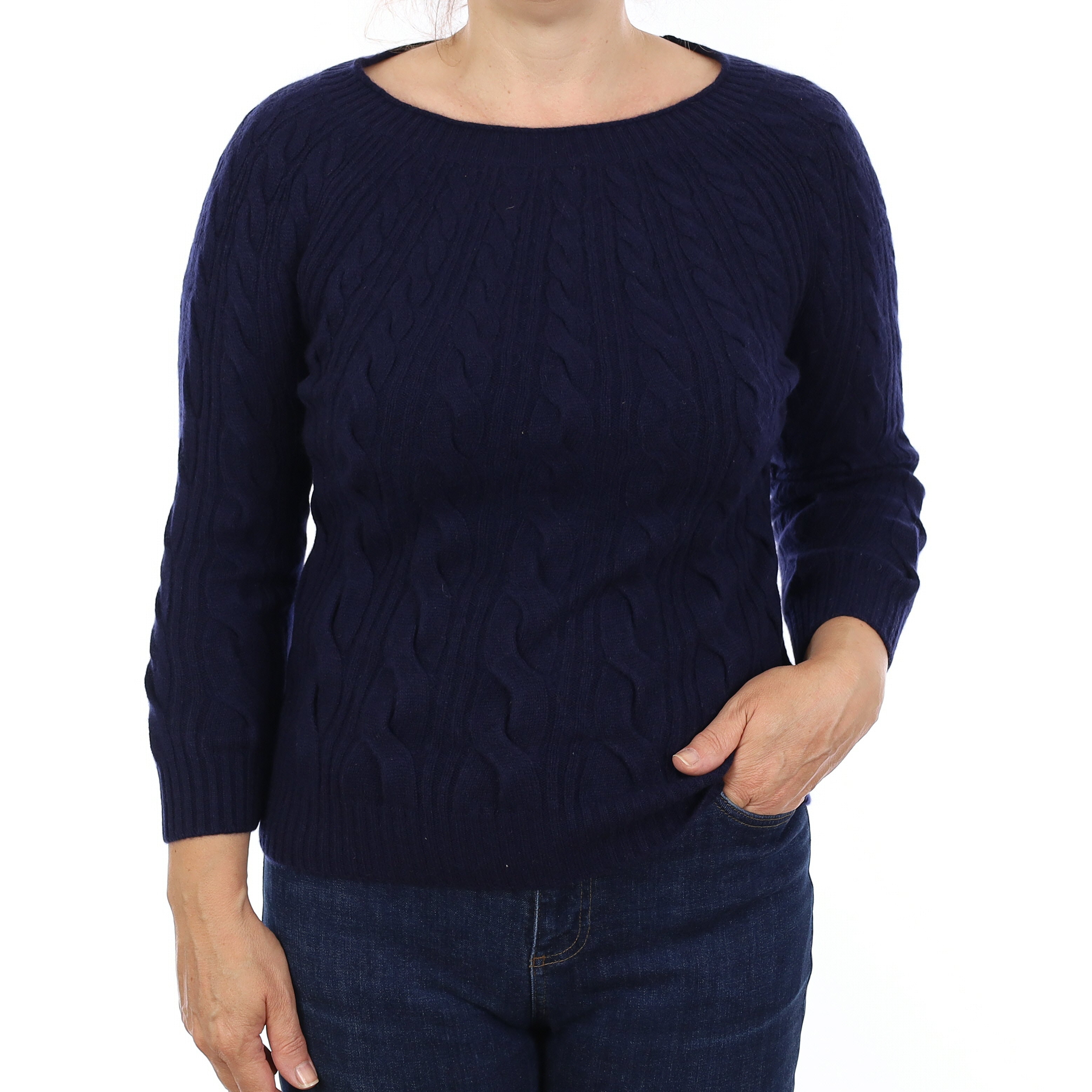 Navy Chunky Knit Cashmere Crew Neck Jumper Medium