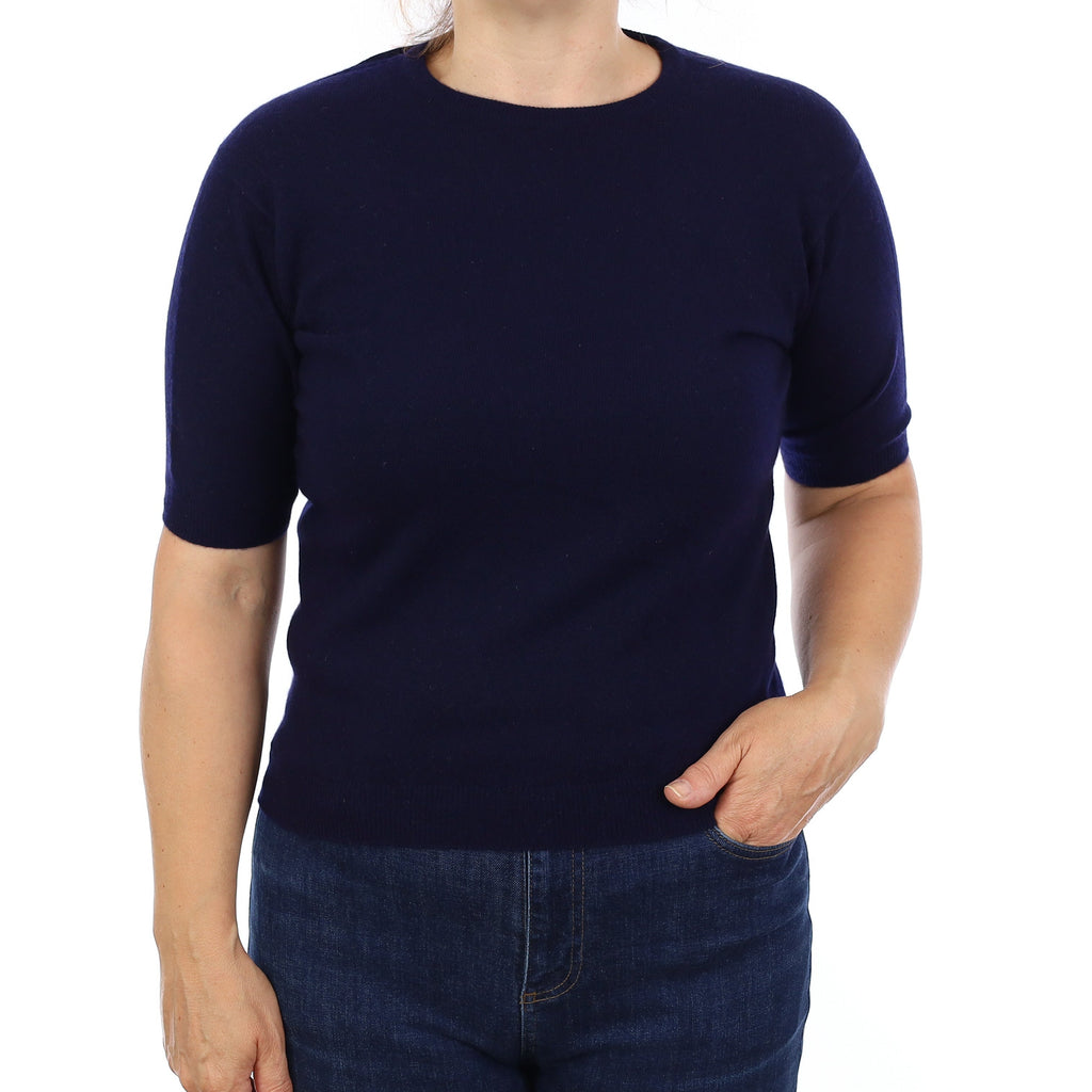 Navy Scottish Cashmere Short Sleeve Crew Neck Jumper Medium