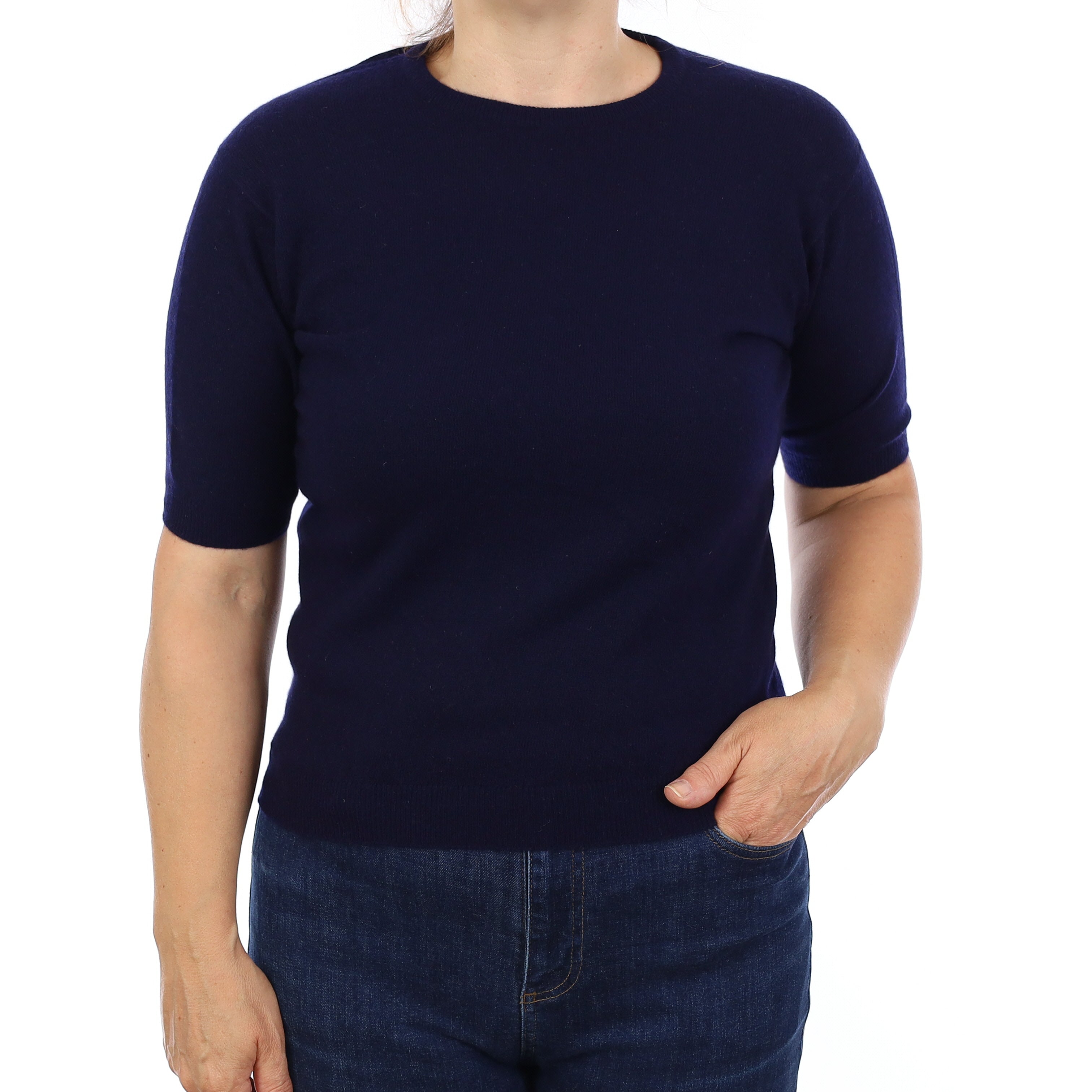 Navy Scottish Cashmere Short Sleeve Crew Neck Jumper Medium