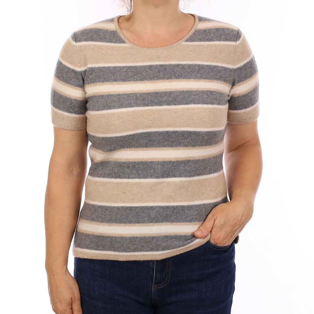 Grey & Beige Striped Cashmere Short Sleeve Crew Neck Jumper Medium