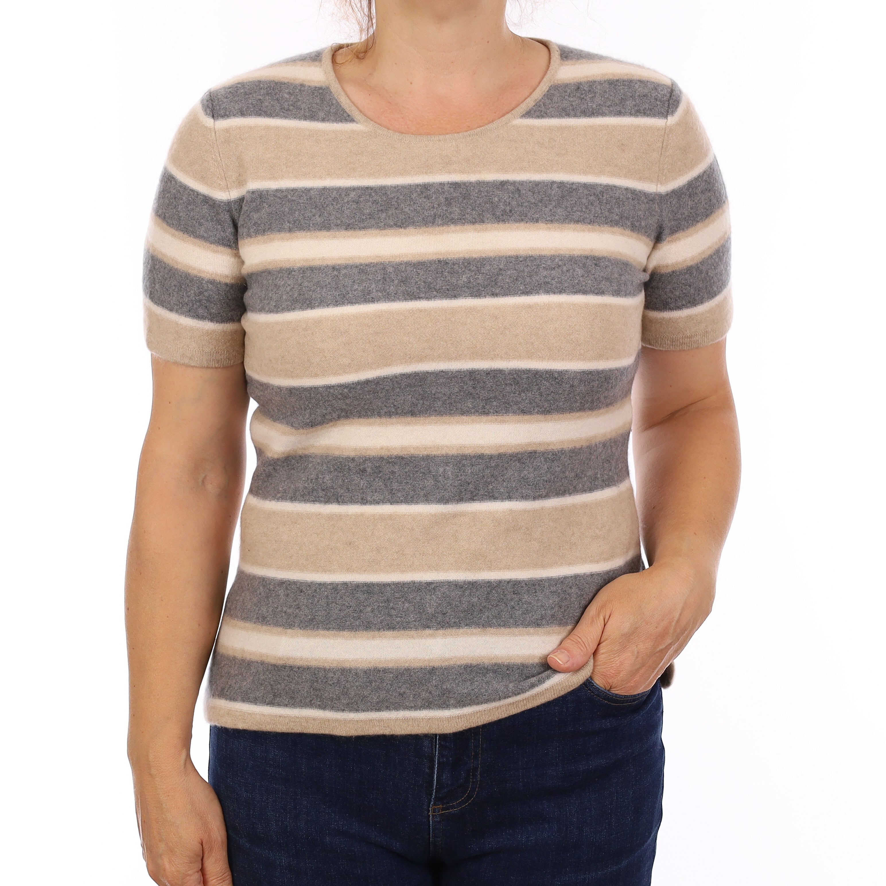 Grey & Beige Striped Cashmere Short Sleeve Crew Neck Jumper Medium