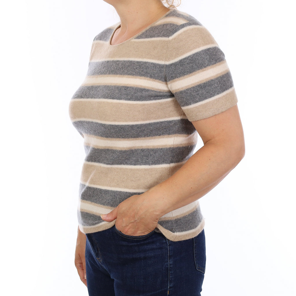 Grey & Beige Striped Cashmere Short Sleeve Crew Neck Jumper Medium