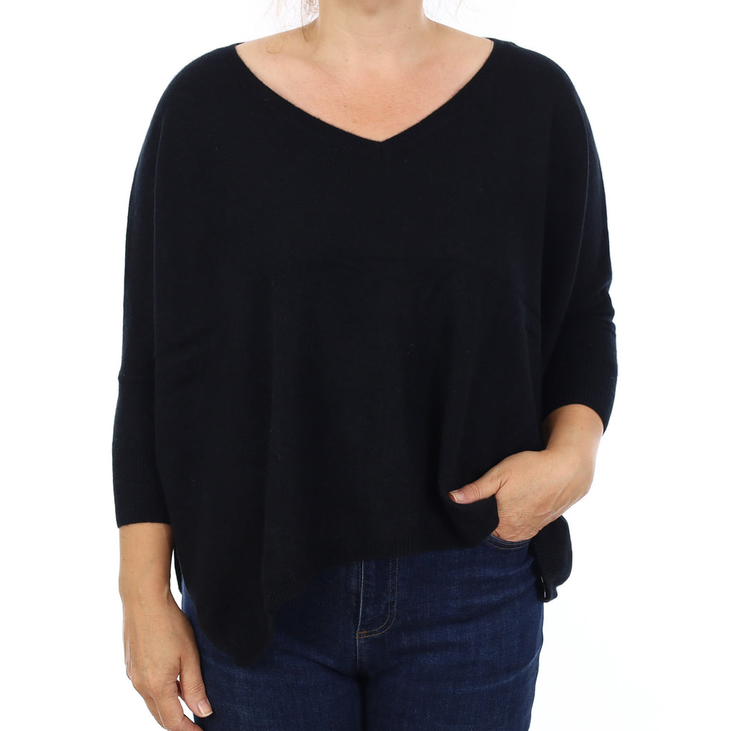 Black Cashmere Boxy V Neck Jumper Medium