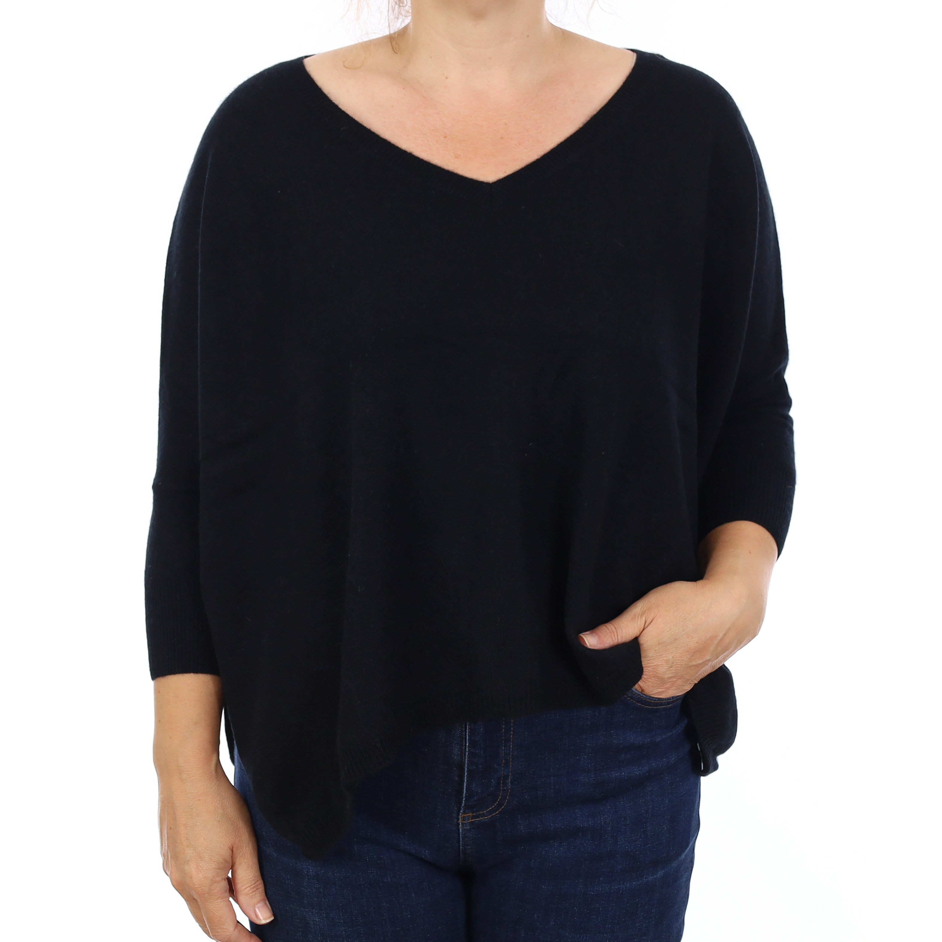 Black Cashmere Boxy V Neck Jumper Medium